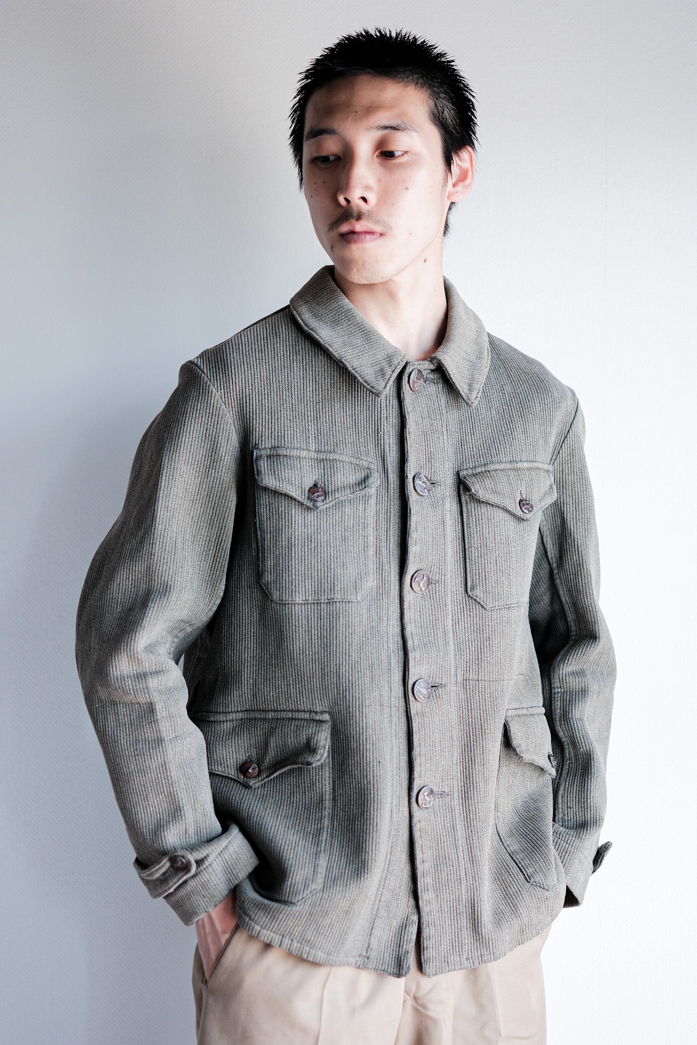 【~50's】French Vintage Gray Cotton Pique Hunting Jacket