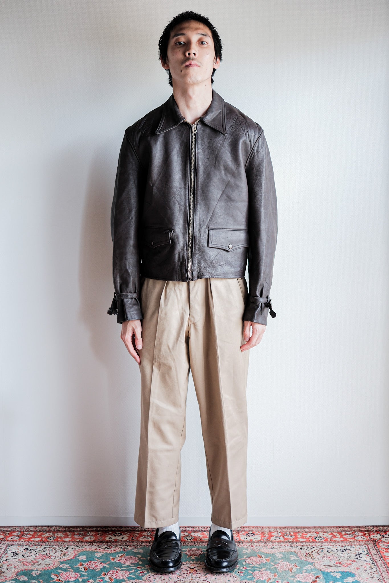 【~40’s】French Vintage Brown Leather Cyclist Jacket "Modified"