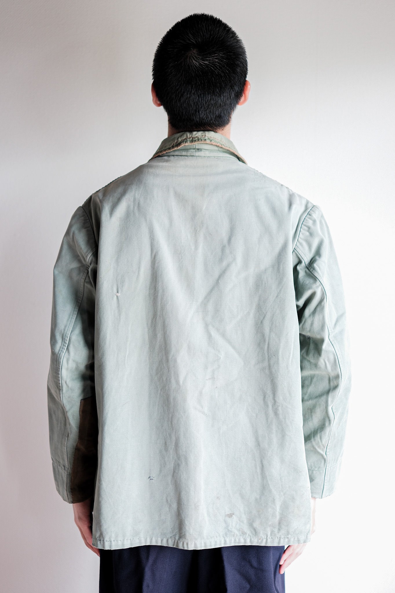 【~50's】French Vintage Green Cotton Canvas Hunting Jacket With Chin Strap "Patchwork"
