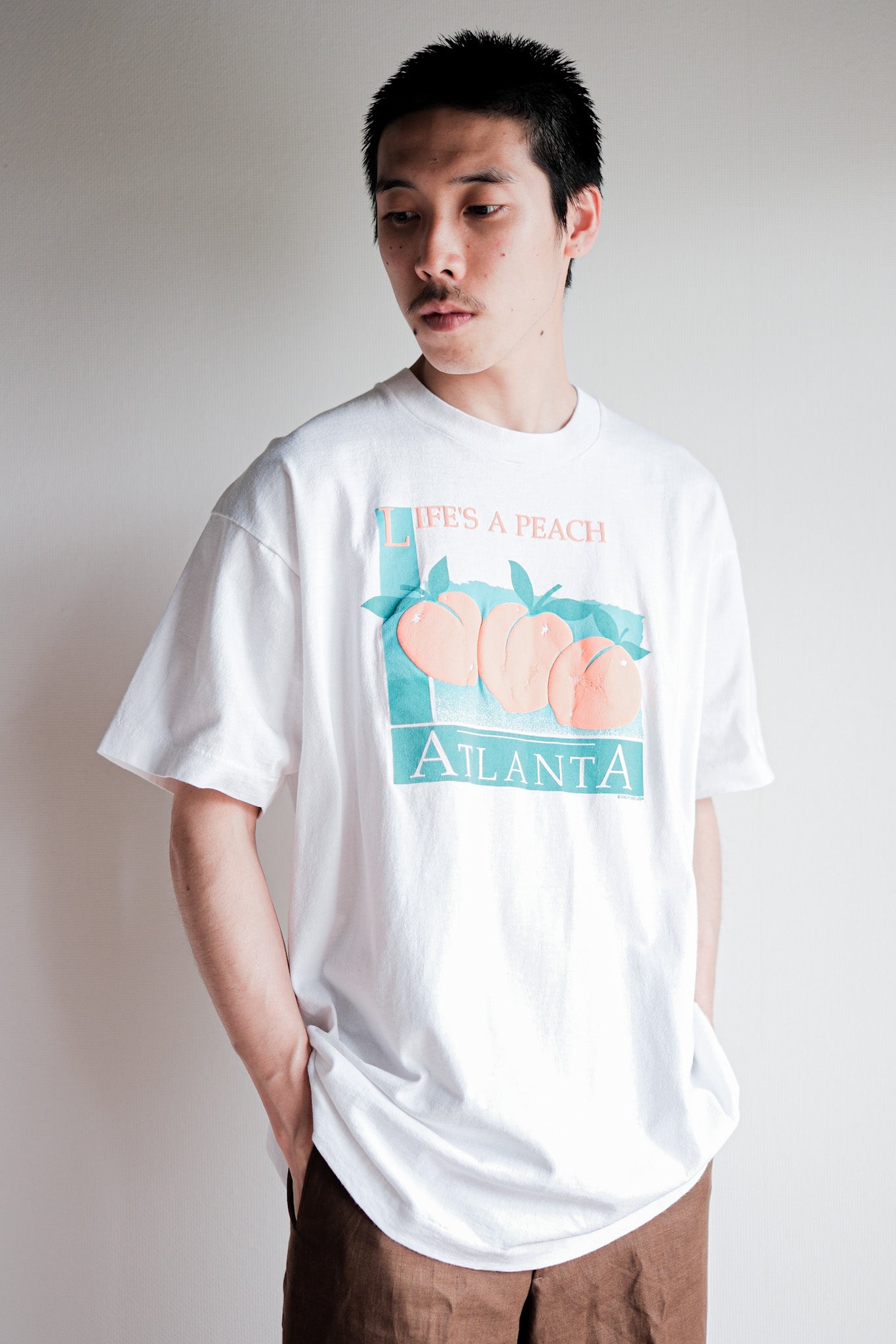 【~90's】Vintage Graphic Print T-shirt Size.XL "LIFE'S A PEACH" "Made in U.S.A."