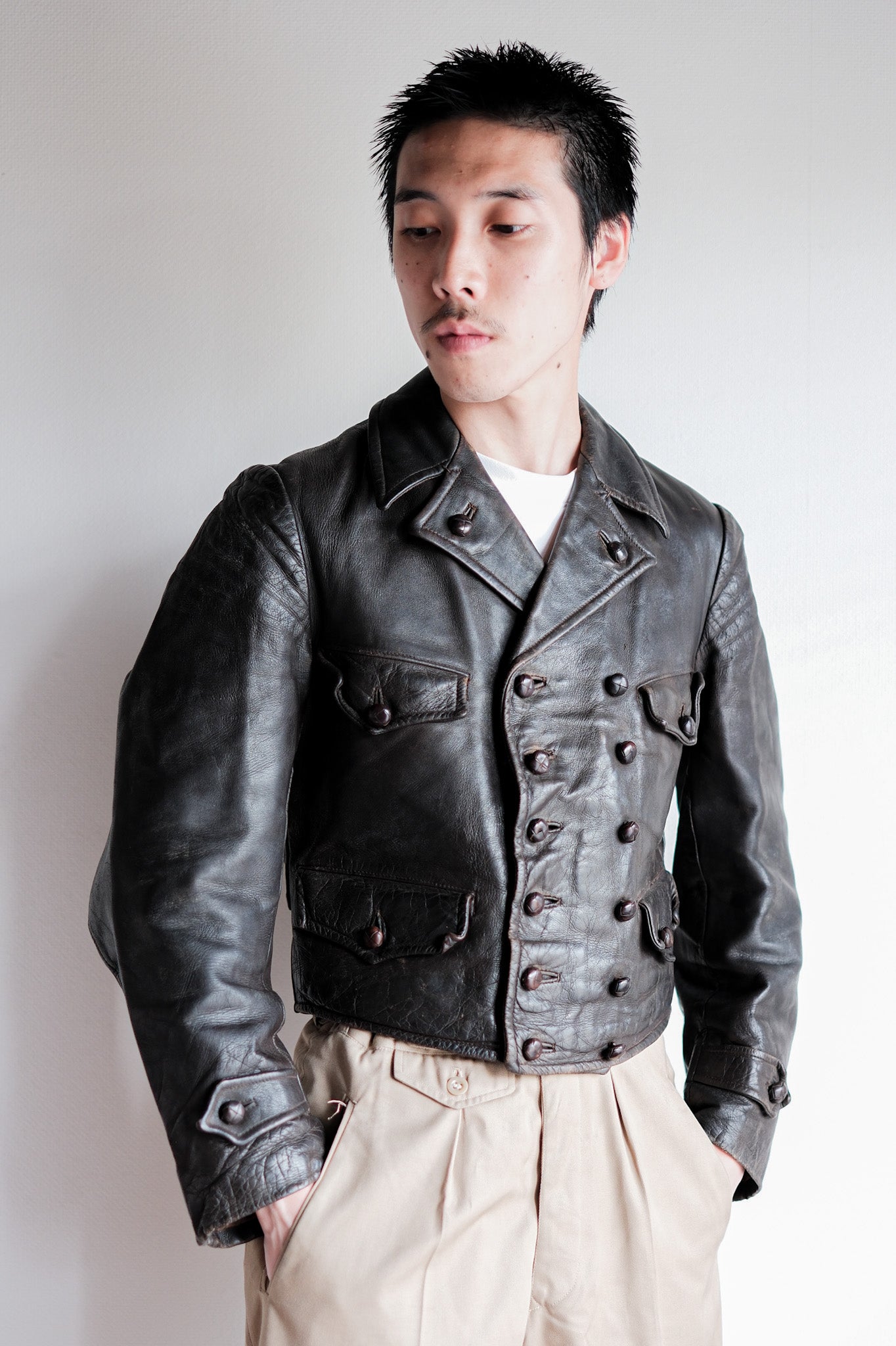 【~40's】German Vintage Double Breasted Motorcycle Leather Jacket
