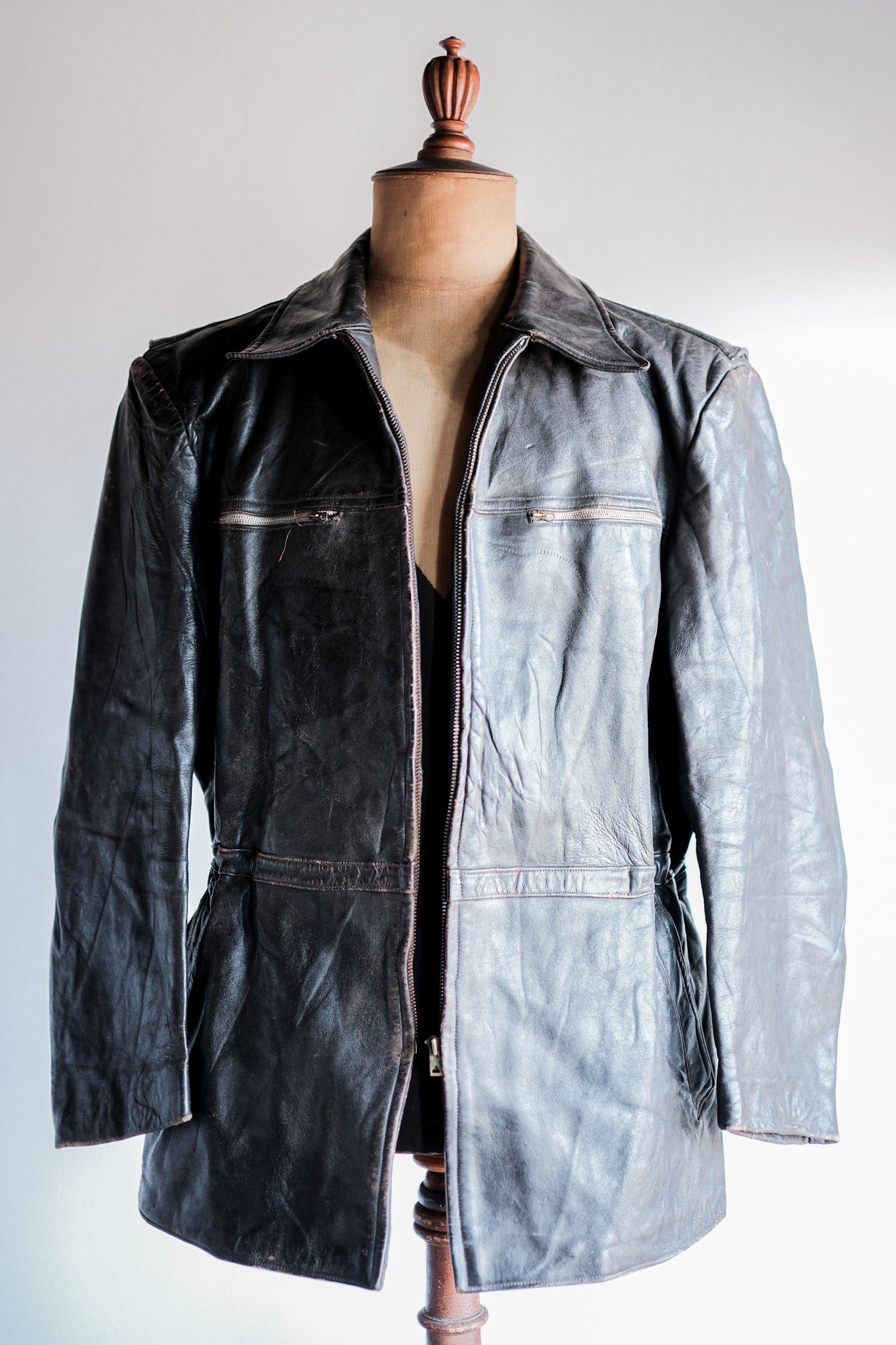 【~50's】French Vintage Cyclist Leather Jacket Size.52 "Adolphe Lafont"