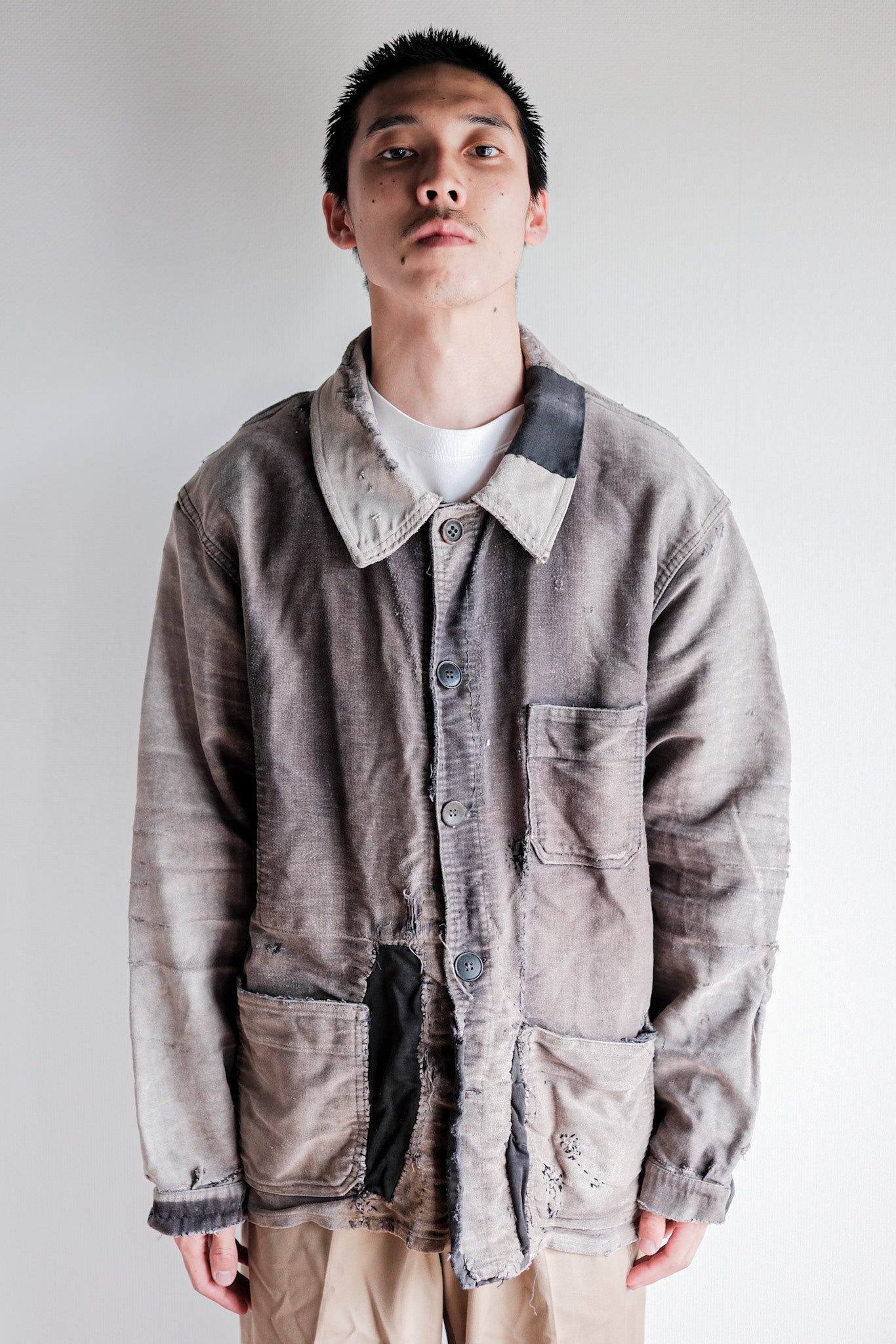 【~50's】French Vintage Black Moleskin Work Jacket "Patchwork"