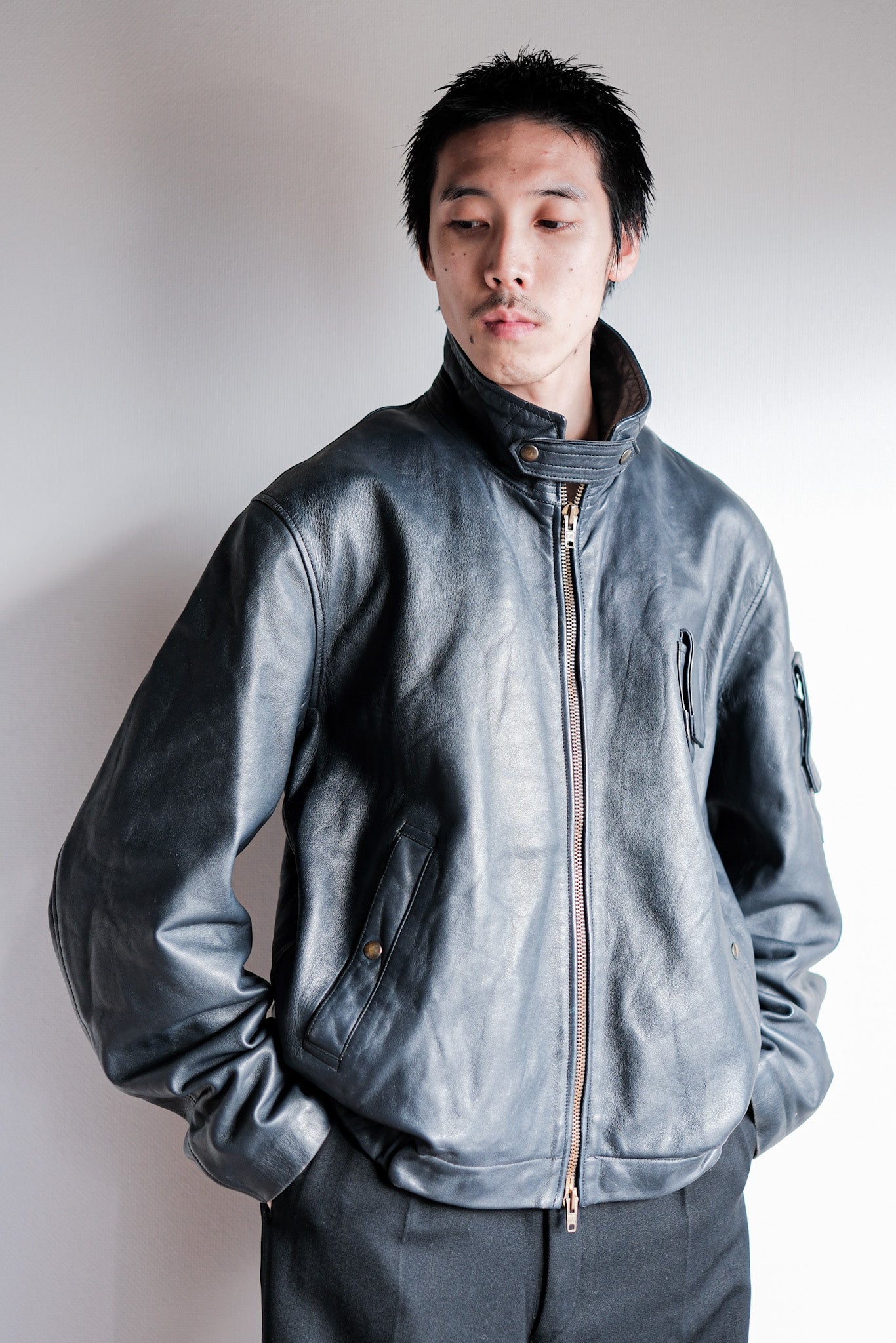 【~70's】French Air Force Pilot Leather Jacket With Chin Strap Size.100L