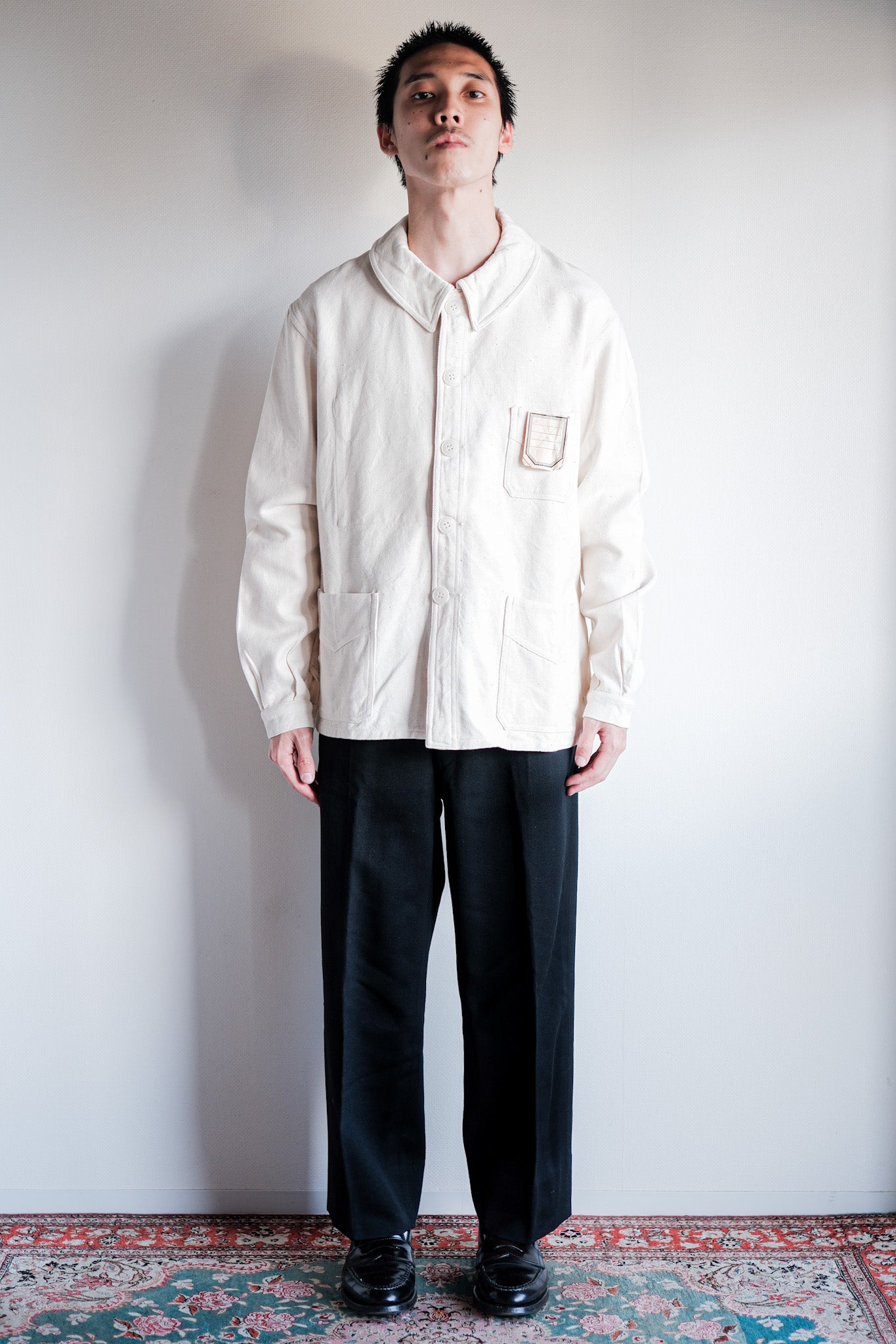 【~40's】French Vintage White Cotton Twill Work Jacket Size.48 "Dead Stock"