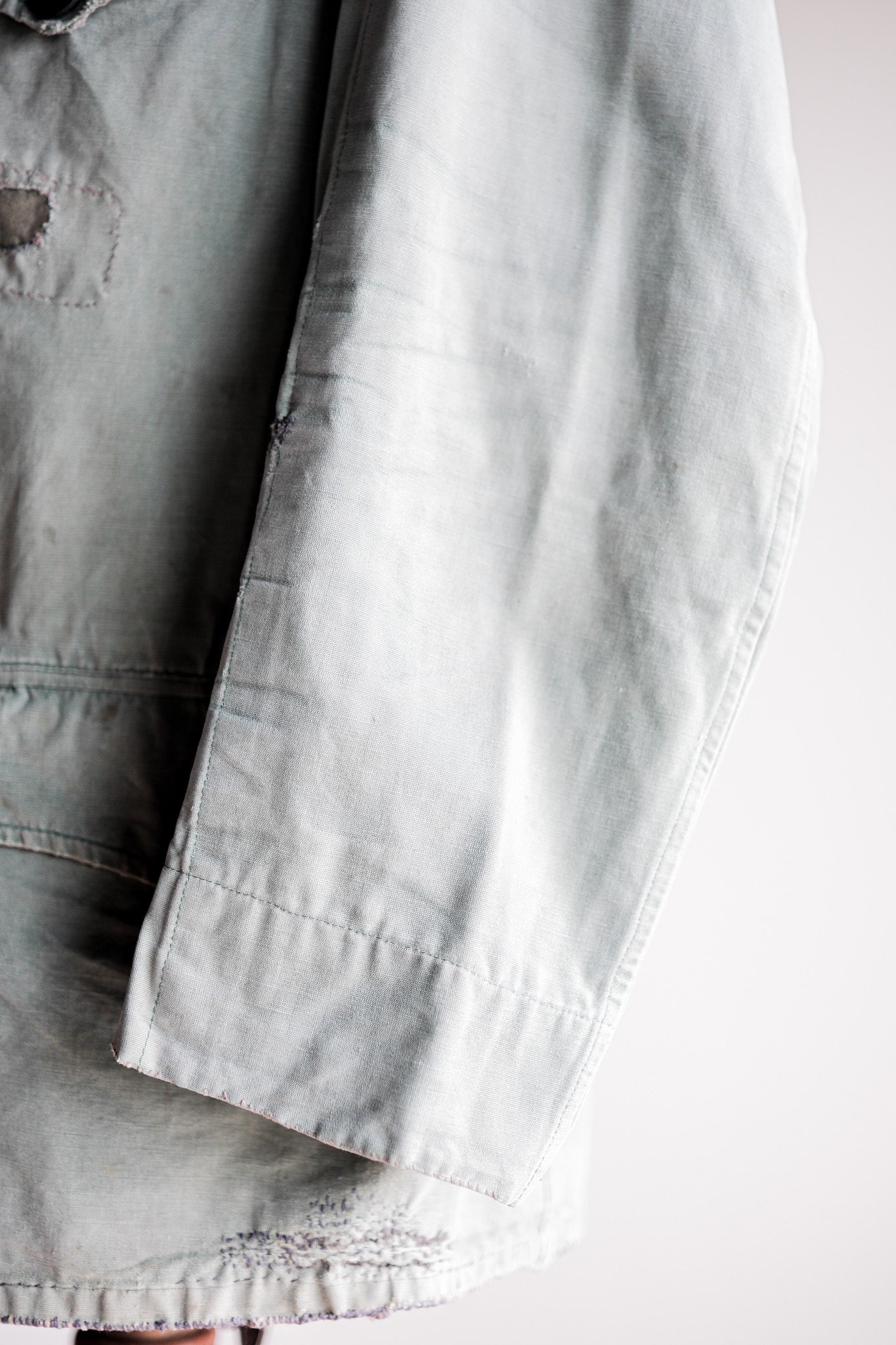 【~50's】French Vintage Green Cotton Canvas Hunting Jacket With Chin Strap "Patchwork"