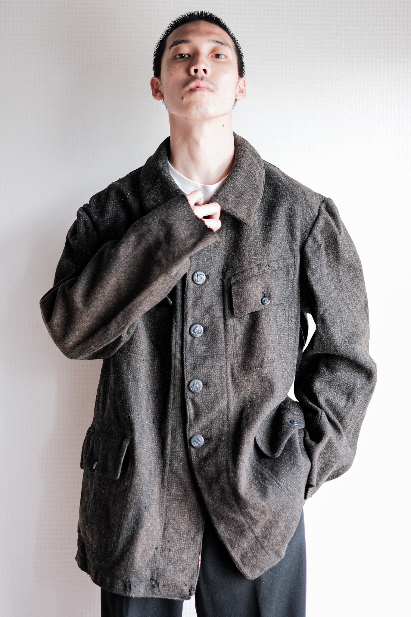 【~30's】French Vintage Gray Wool Hunting Jacket With Chin Strap "Boro"