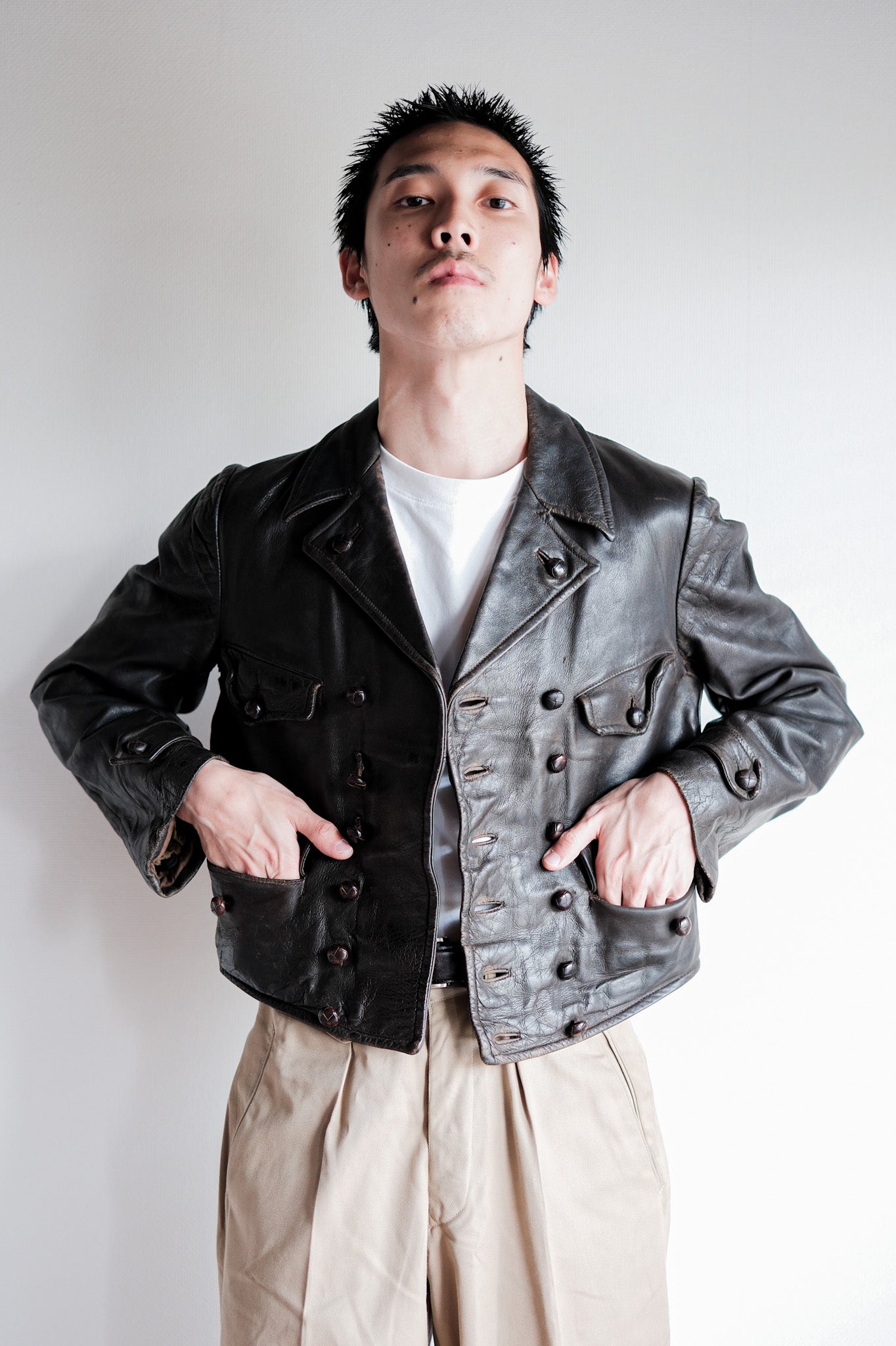 【~40's】German Vintage Double Breasted Motorcycle Leather Jacket