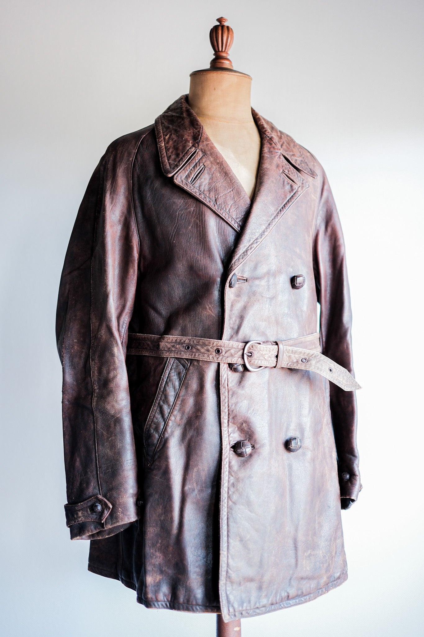 【~40's】French Vintage Double Breasted Brown Leather Coat With Chin Strap