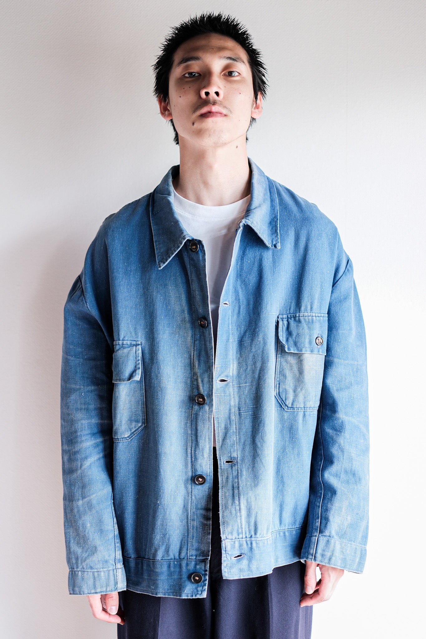 【~40's】French Vintage Indigo Cotton Linen Twill Work Jacket