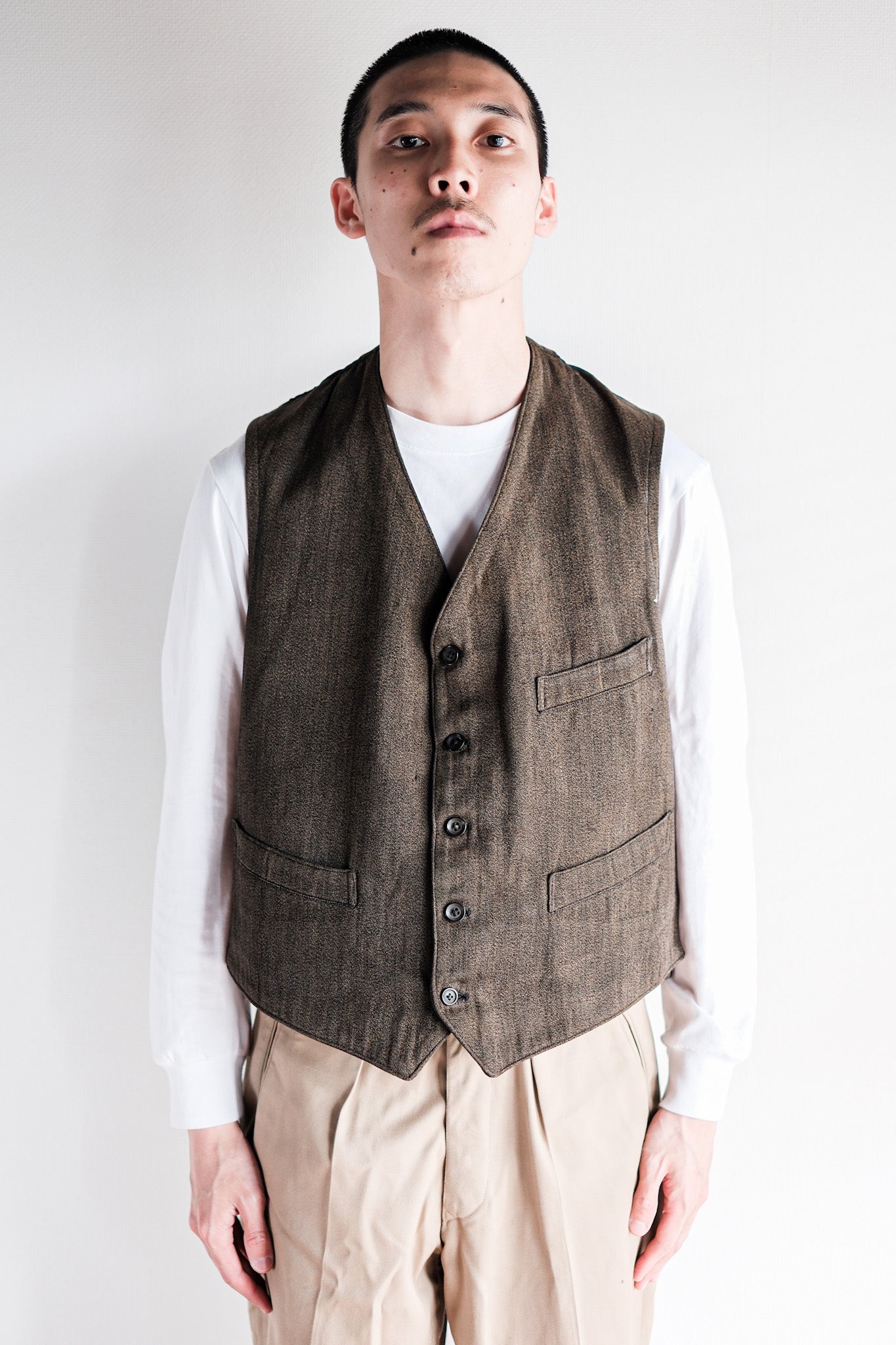 【~50's】French Vintage Brown Salt & Pepper Cotton Work Gilet