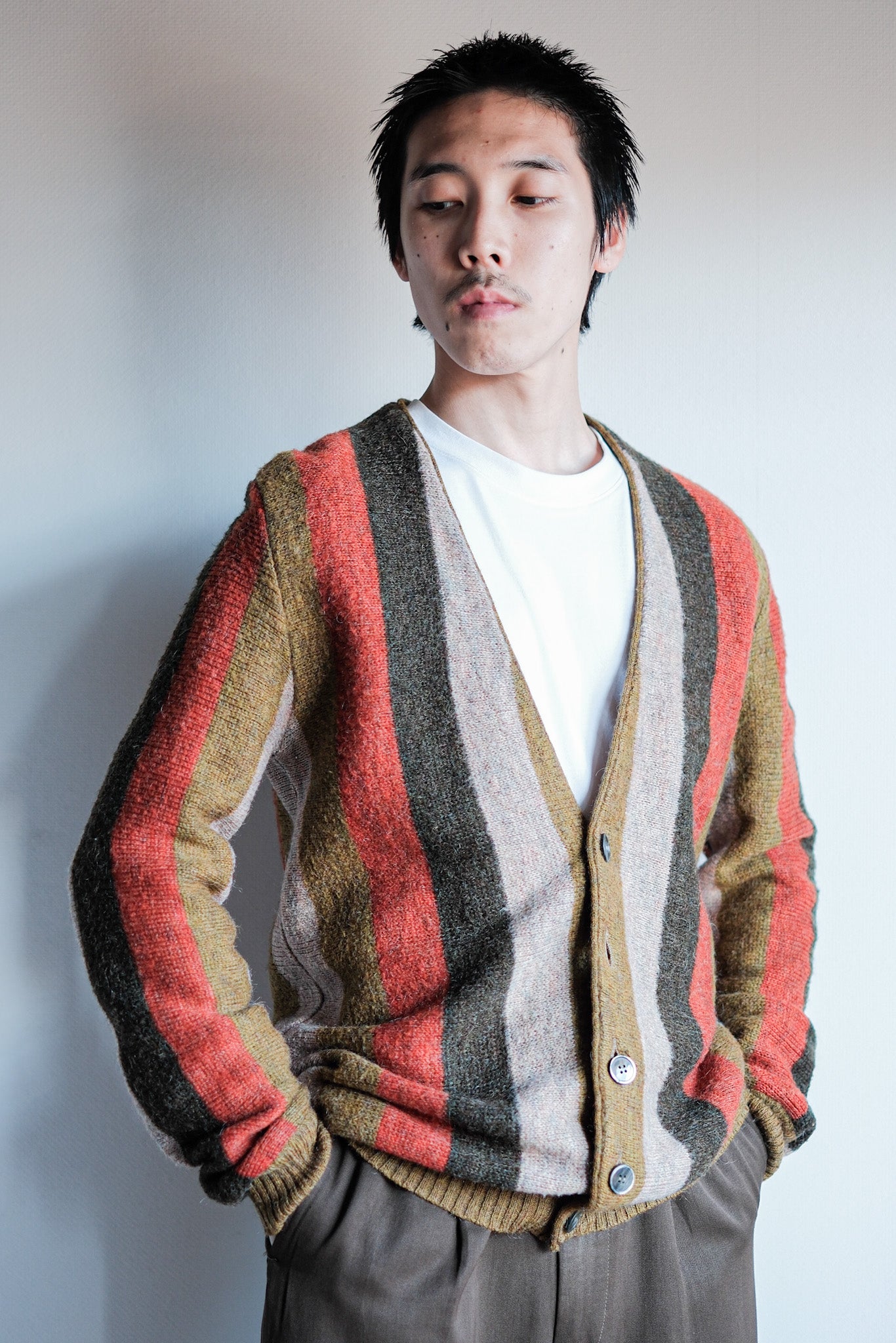 【~80's】Italian Vintage Wool Mix Multi Striped Cardigan
