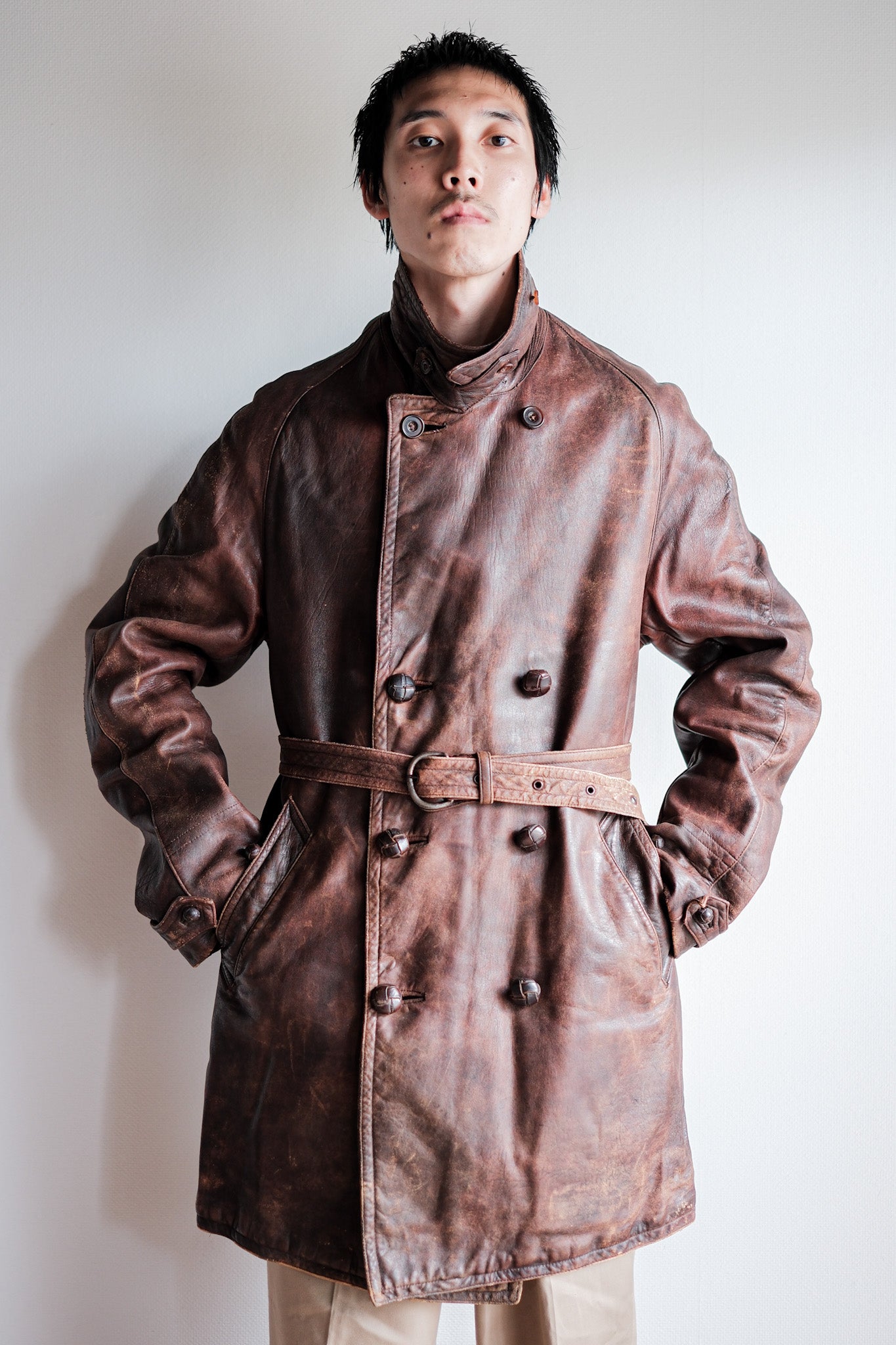 【~40's】French Vintage Double Breasted Brown Leather Coat With Chin Strap