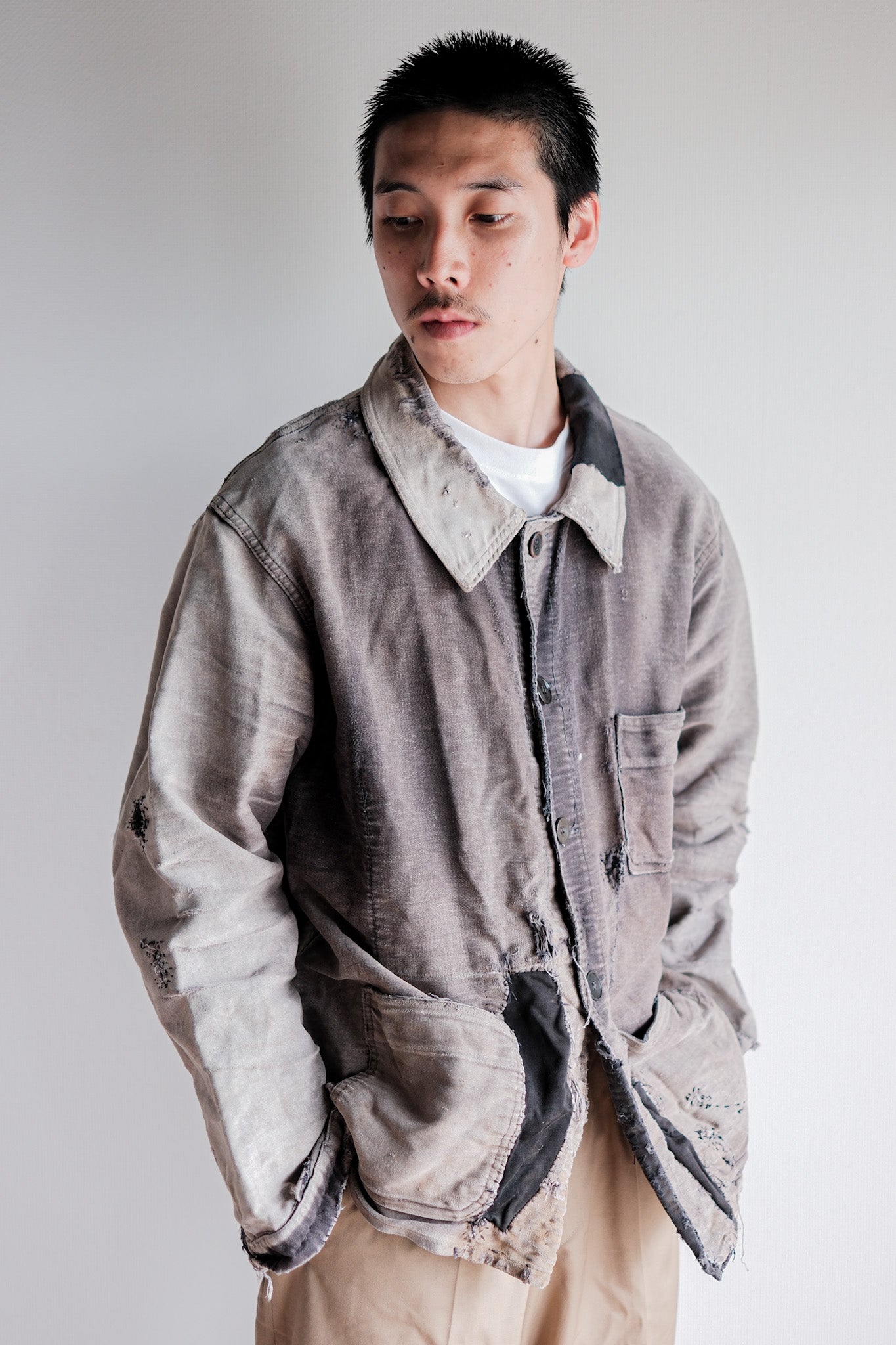 【~50's】French Vintage Black Moleskin Work Jacket "Patchwork"