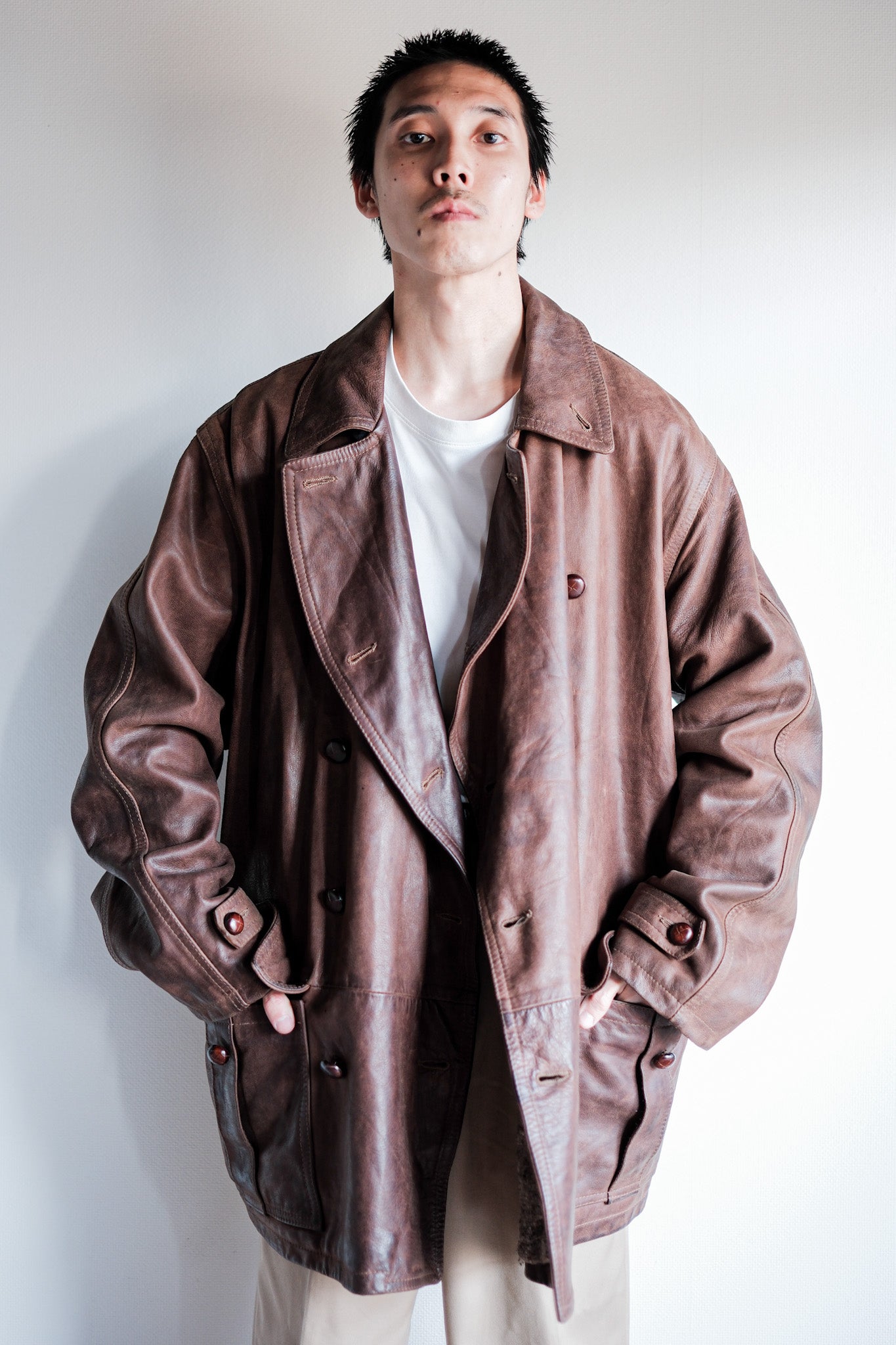【~80's】Italian Vintage Double Breasted Leather Jacket Size.52