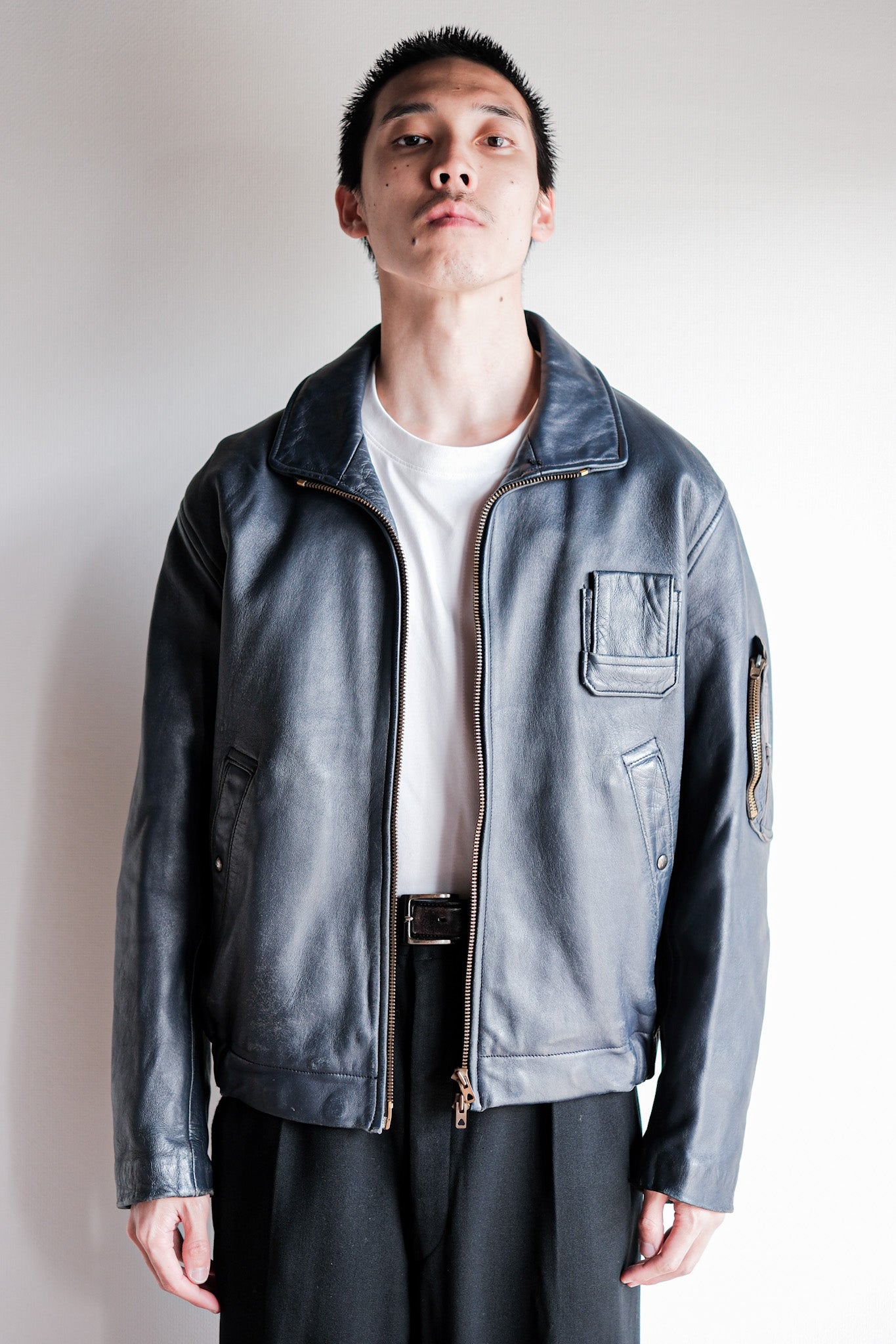 【~70's】French Air Force Pilot Leather Jacket Size.96M
