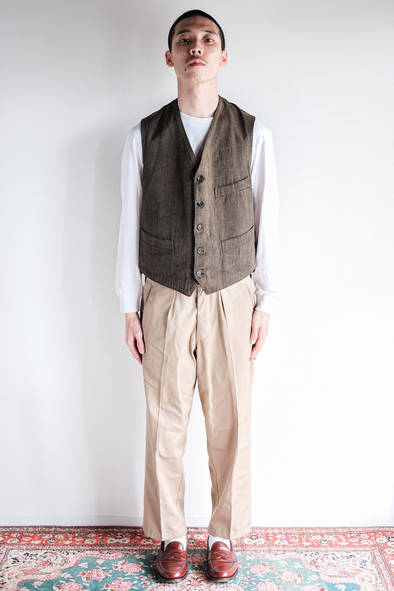 【~50's】French Vintage Brown Salt & Pepper Cotton Work Gilet