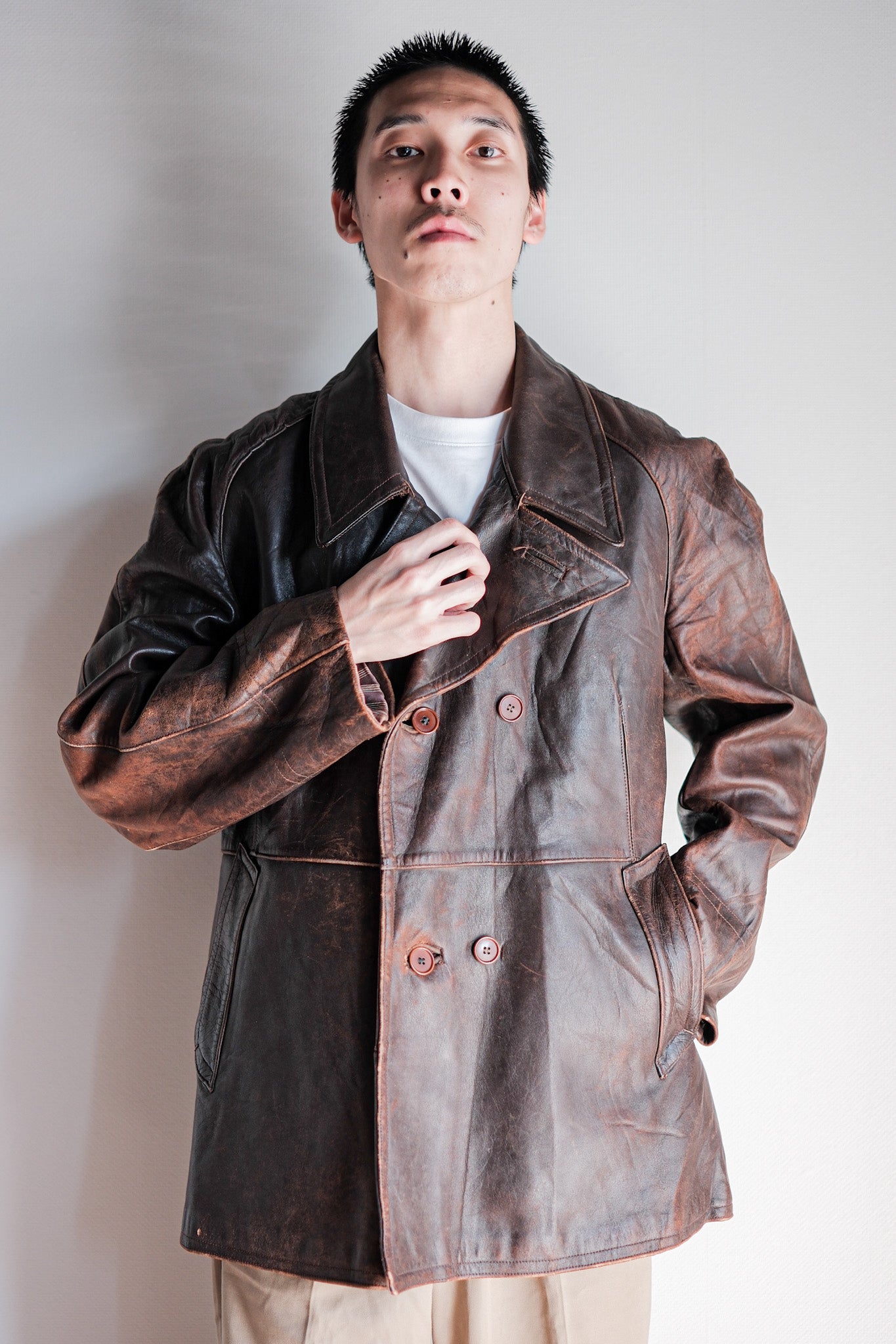 【~50's】French Army Motorcycle Leather Jacket Size.B2