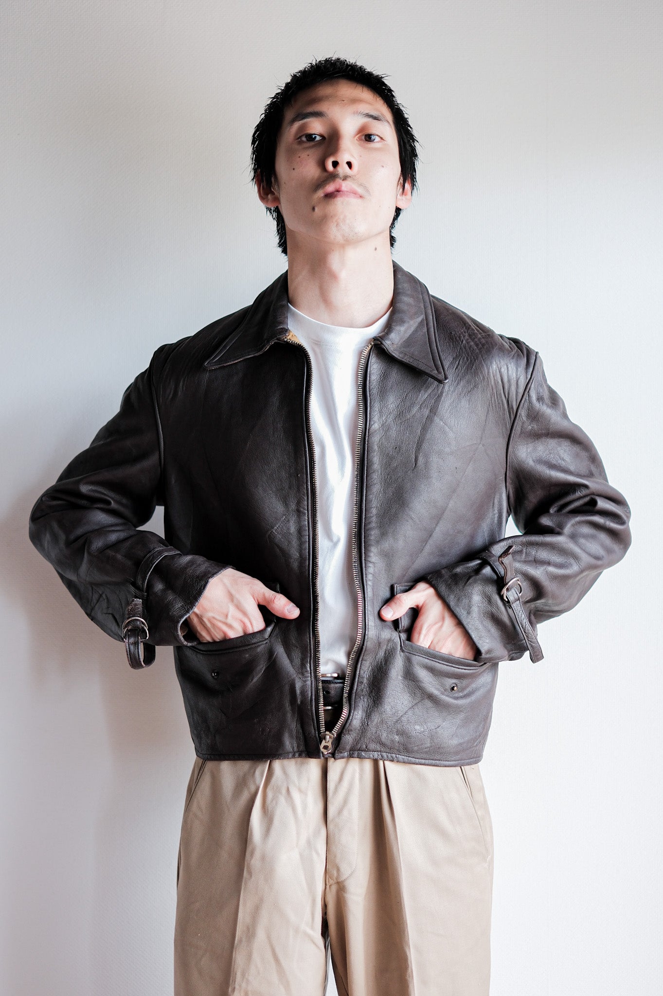 【~40’s】French Vintage Brown Leather Cyclist Jacket "Modified"