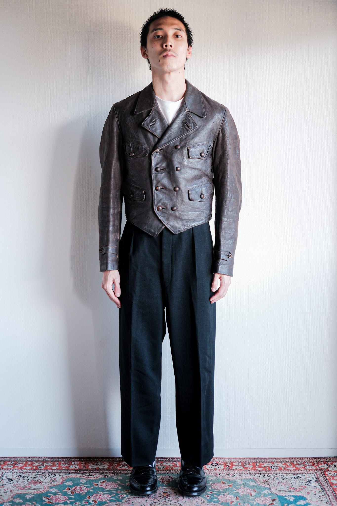 【~40's】German Vintage Double Breasted Motorcycle Leather Jacket