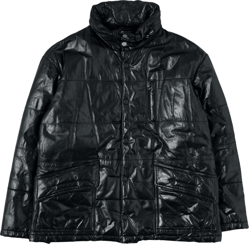 【~90’s】Old ARMANI JEANS Black Leather Puffer Jacket Size.52