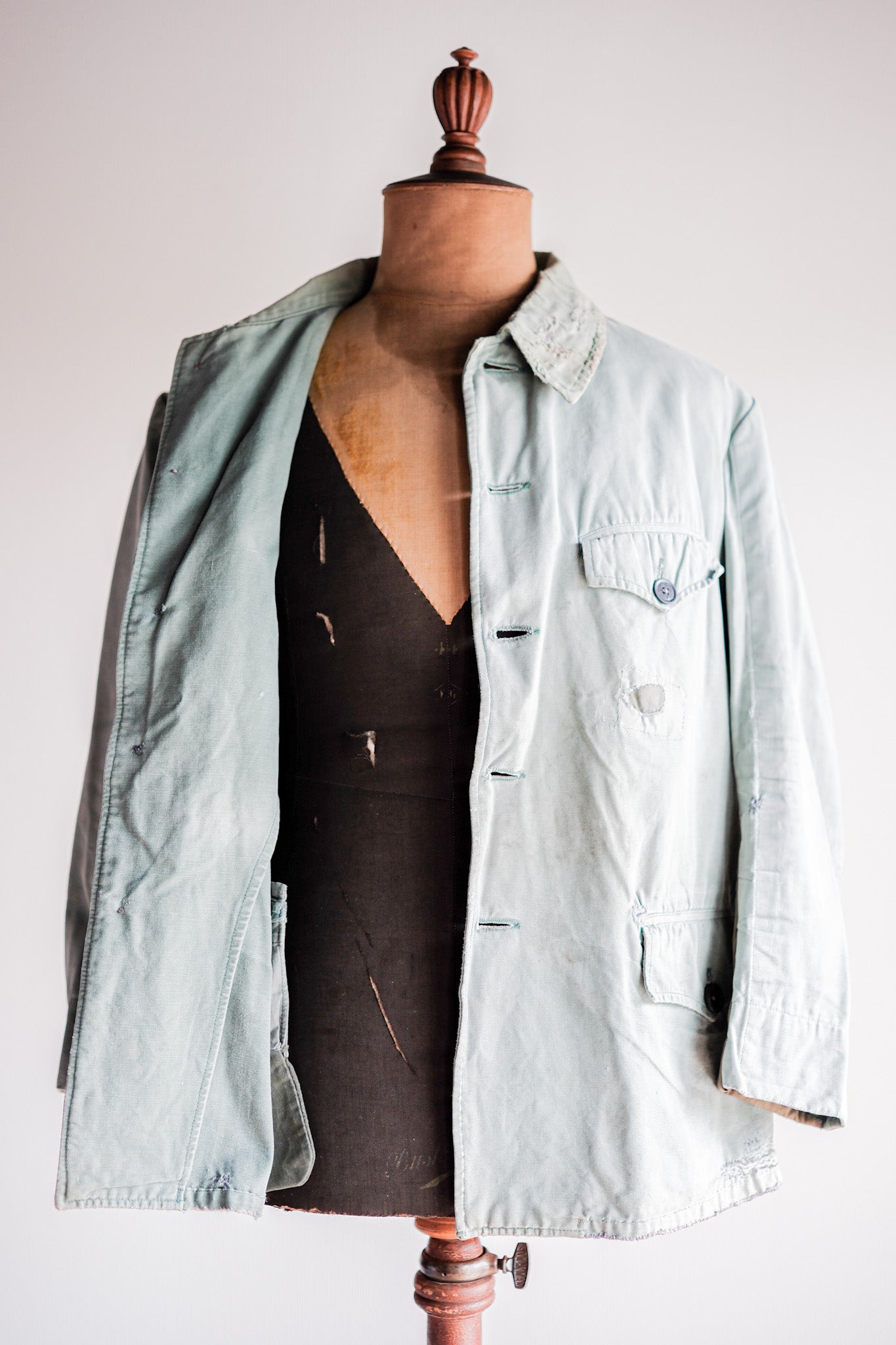 【~50's】French Vintage Green Cotton Canvas Hunting Jacket With Chin Strap "Patchwork"