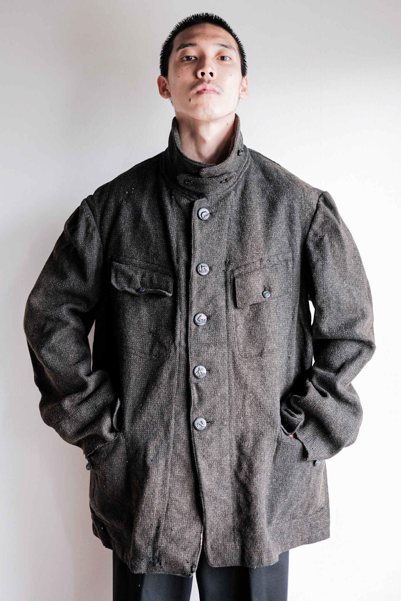 【~30's】French Vintage Gray Wool Hunting Jacket With Chin Strap "Boro"