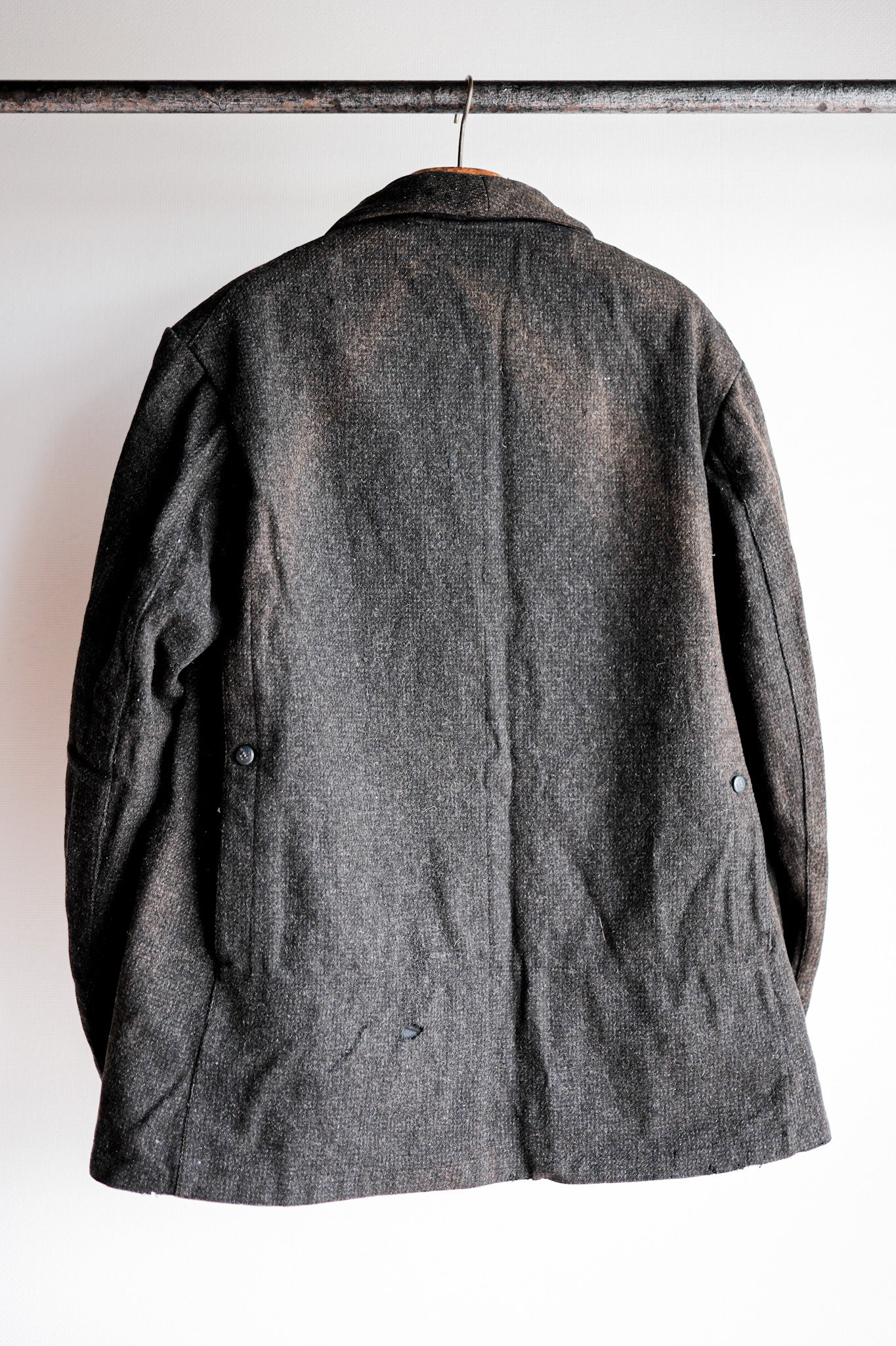 【~30's】French Vintage Gray Wool Hunting Jacket With Chin Strap "Boro"