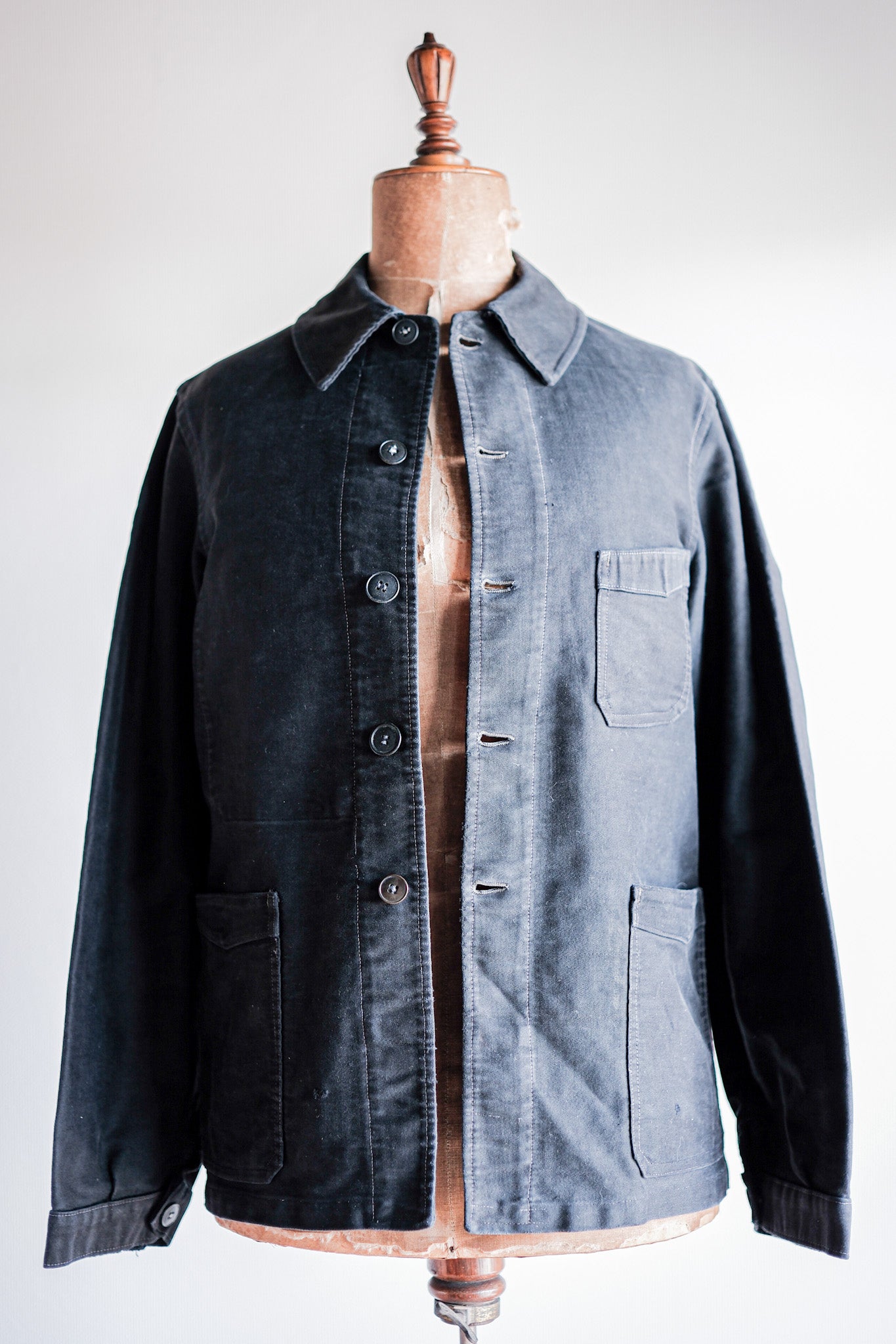 【~40's】French Vintage Black Moleskin Work Jacket "Unusual Pocket"