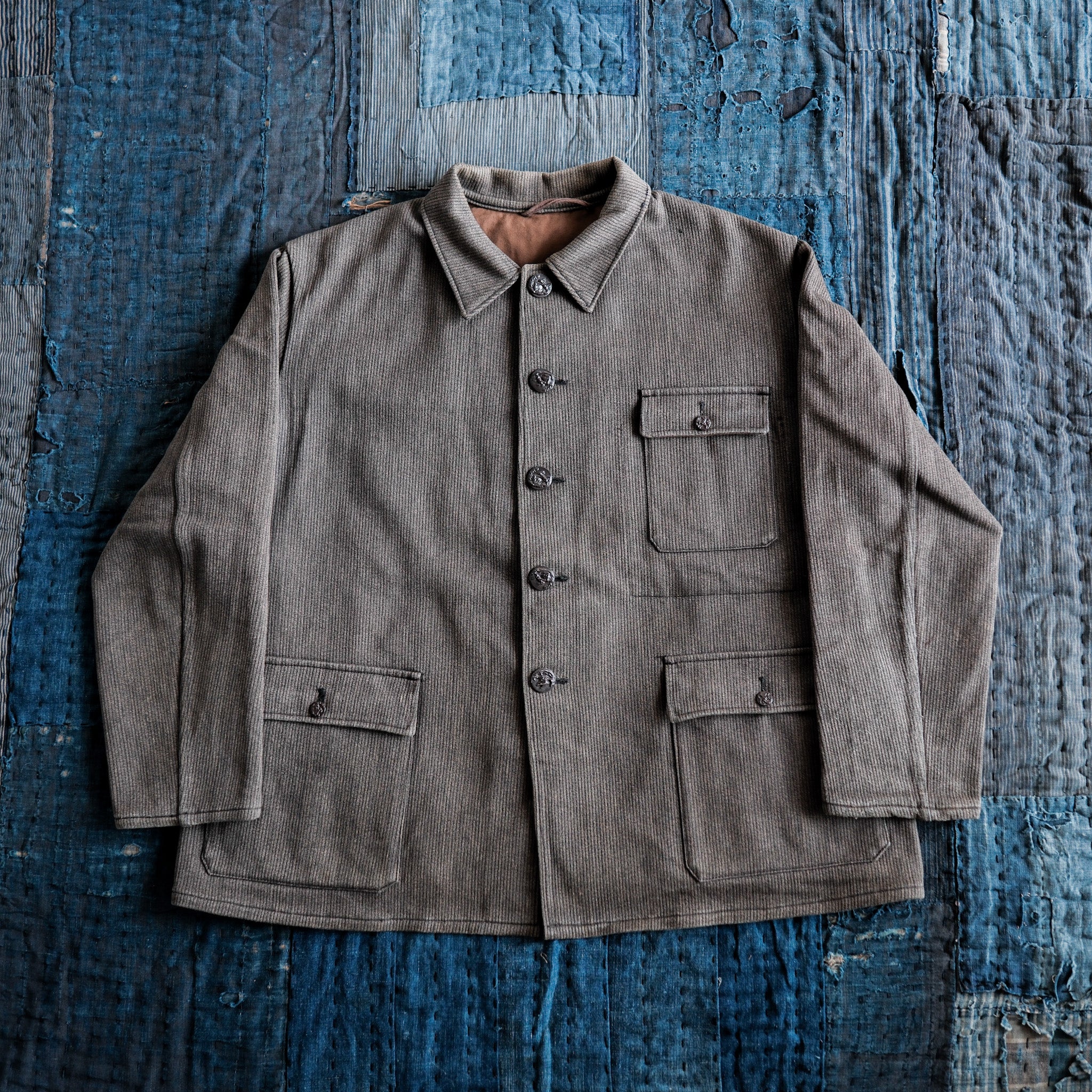 【~60's】French Vintage Brown Salt & Pepper Cotton Pique Hunting Jacket Size.56 "Le Mont St. Michel"