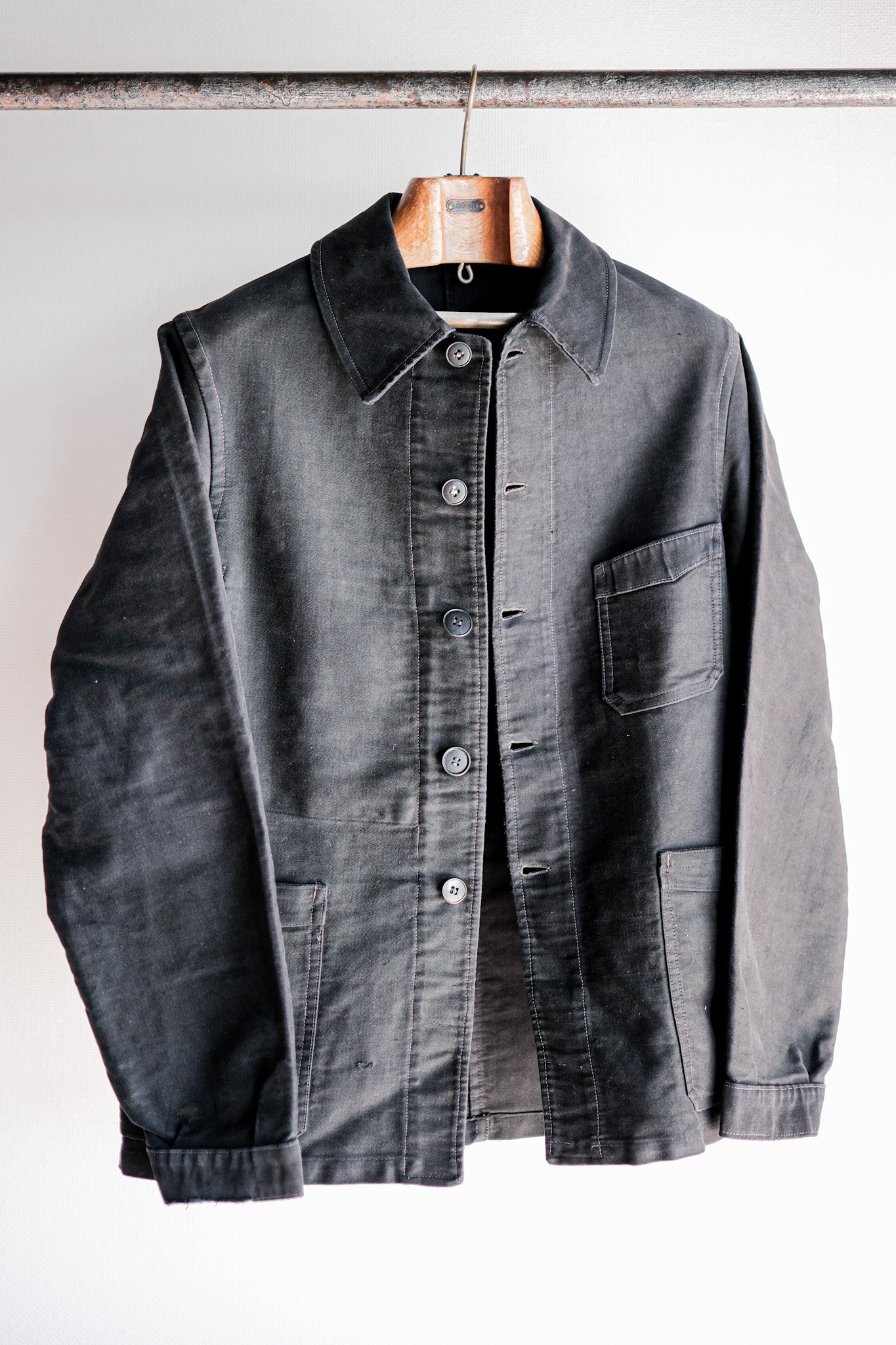 【~40's】French Vintage Black Moleskin Work Jacket "Unusual Pocket"