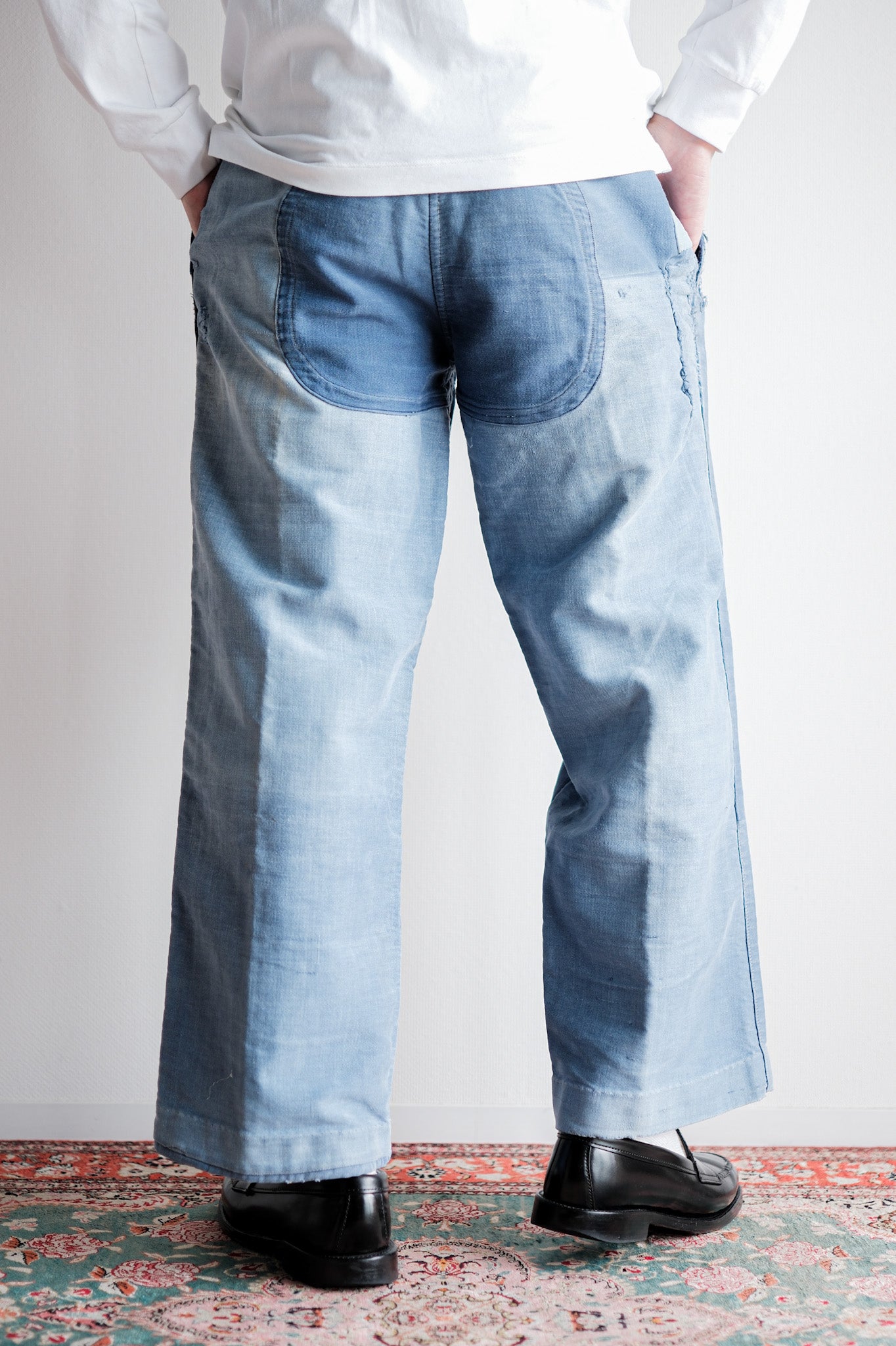 【~40's】French Vintage Blue Moleskin Work Pants "Patchwork" "Le Mont St. Michel"