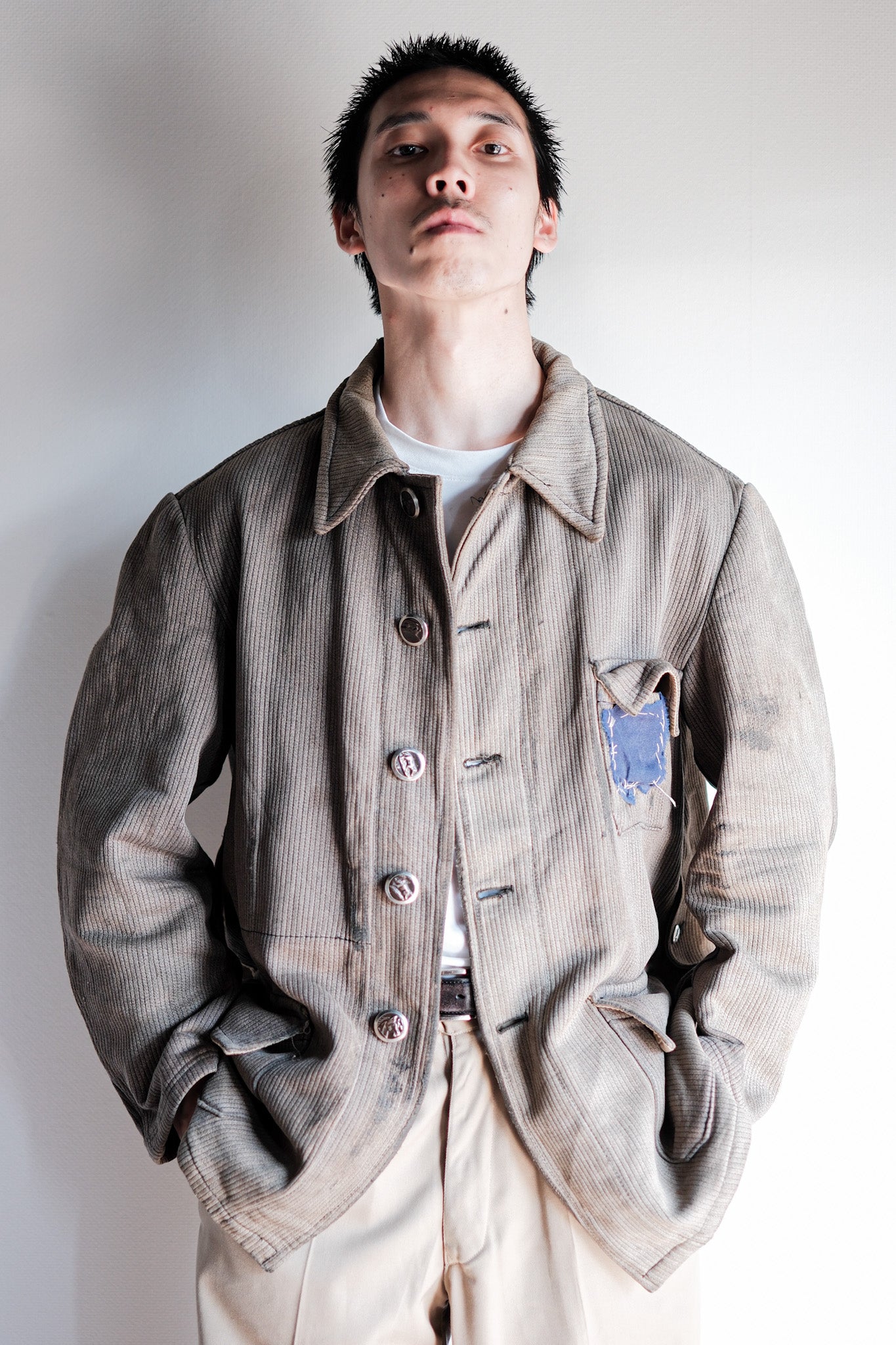 【~60's】French Vintage Brown Gray Cotton Pique Hunting Jacket Size.46