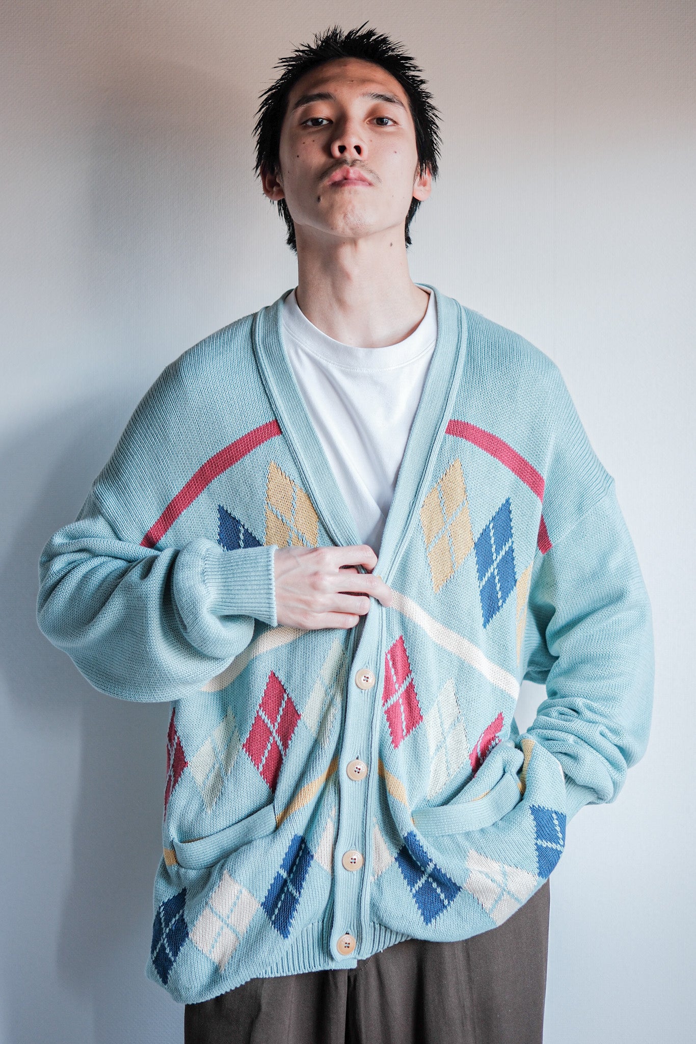 【~90's】Italian Vintage Cotton Argyle Cardigan
