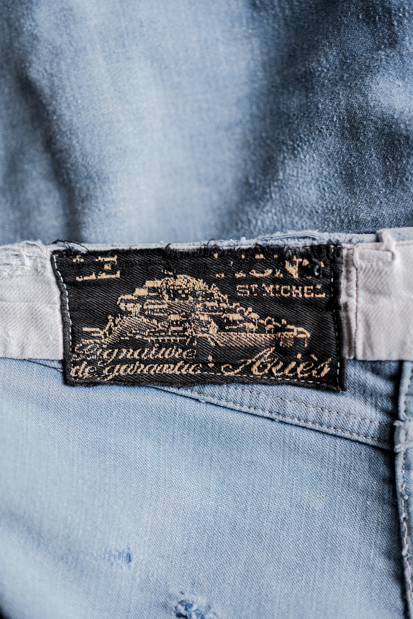 【~40's】French Vintage Blue Moleskin Work Pants "Patchwork" "Le Mont St. Michel"