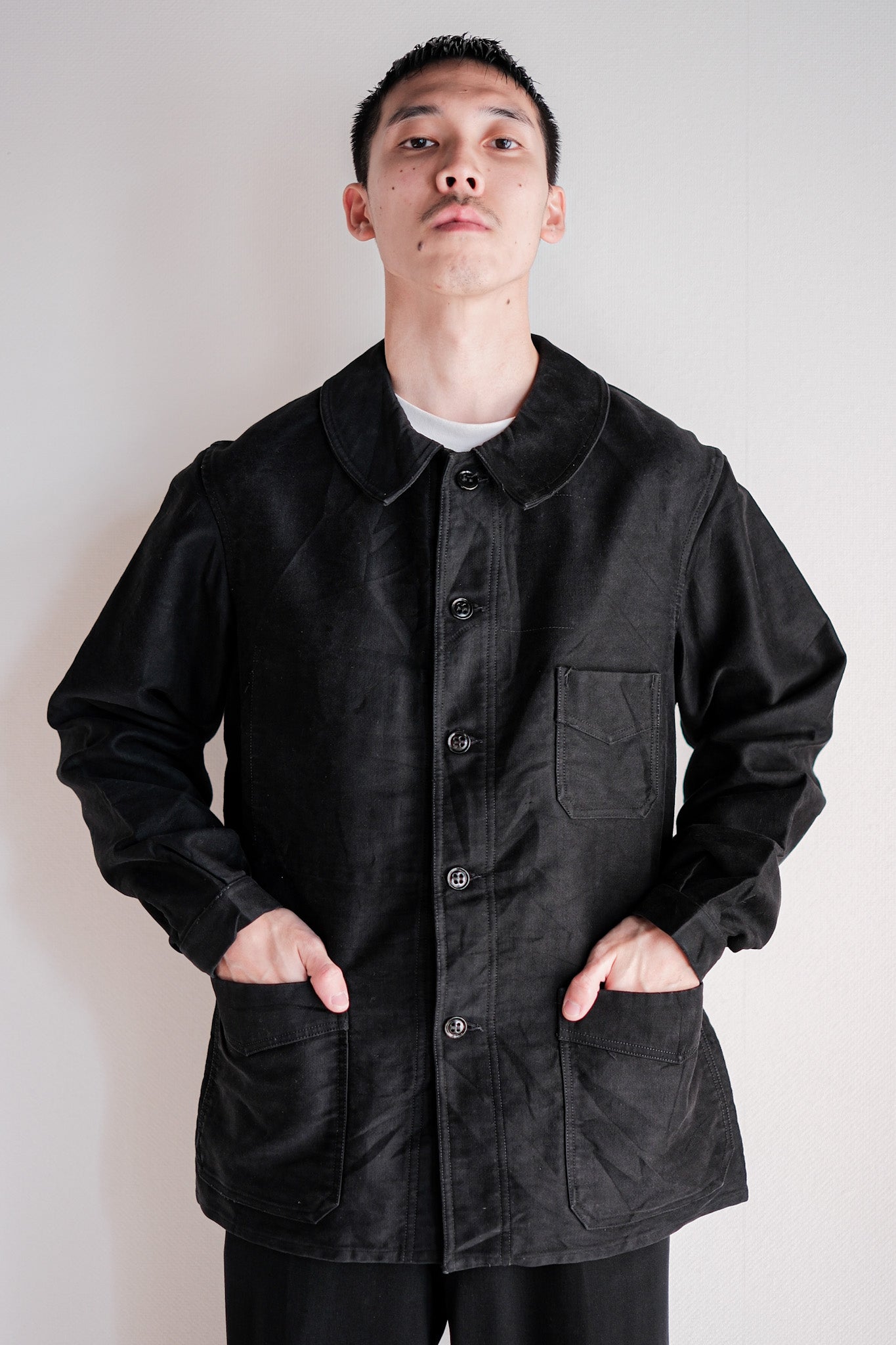 【~30's】French Vintage Black Moleskin Work Jacket "Le Mont St. Michel"