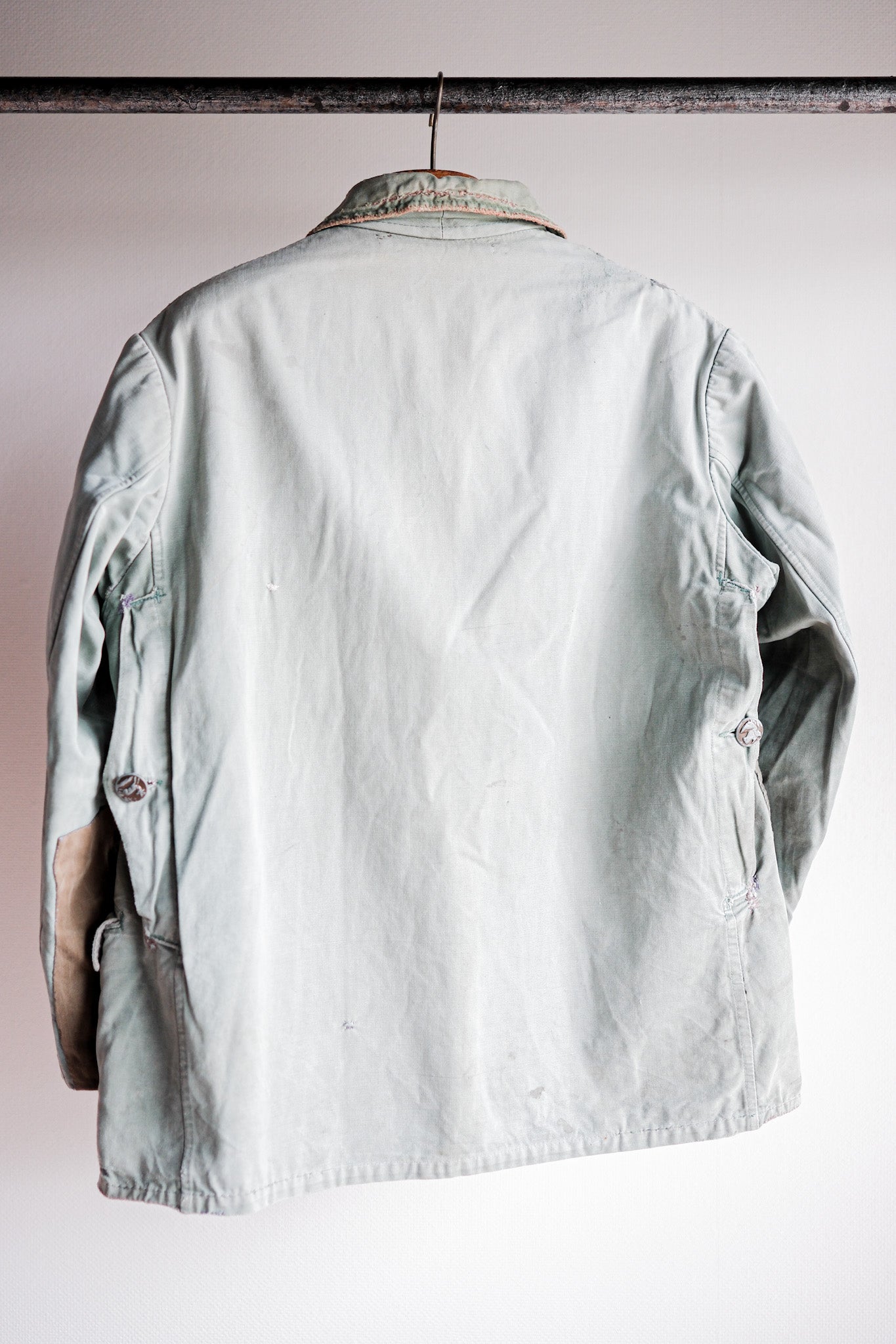 【~50's】French Vintage Green Cotton Canvas Hunting Jacket With Chin Strap "Patchwork"