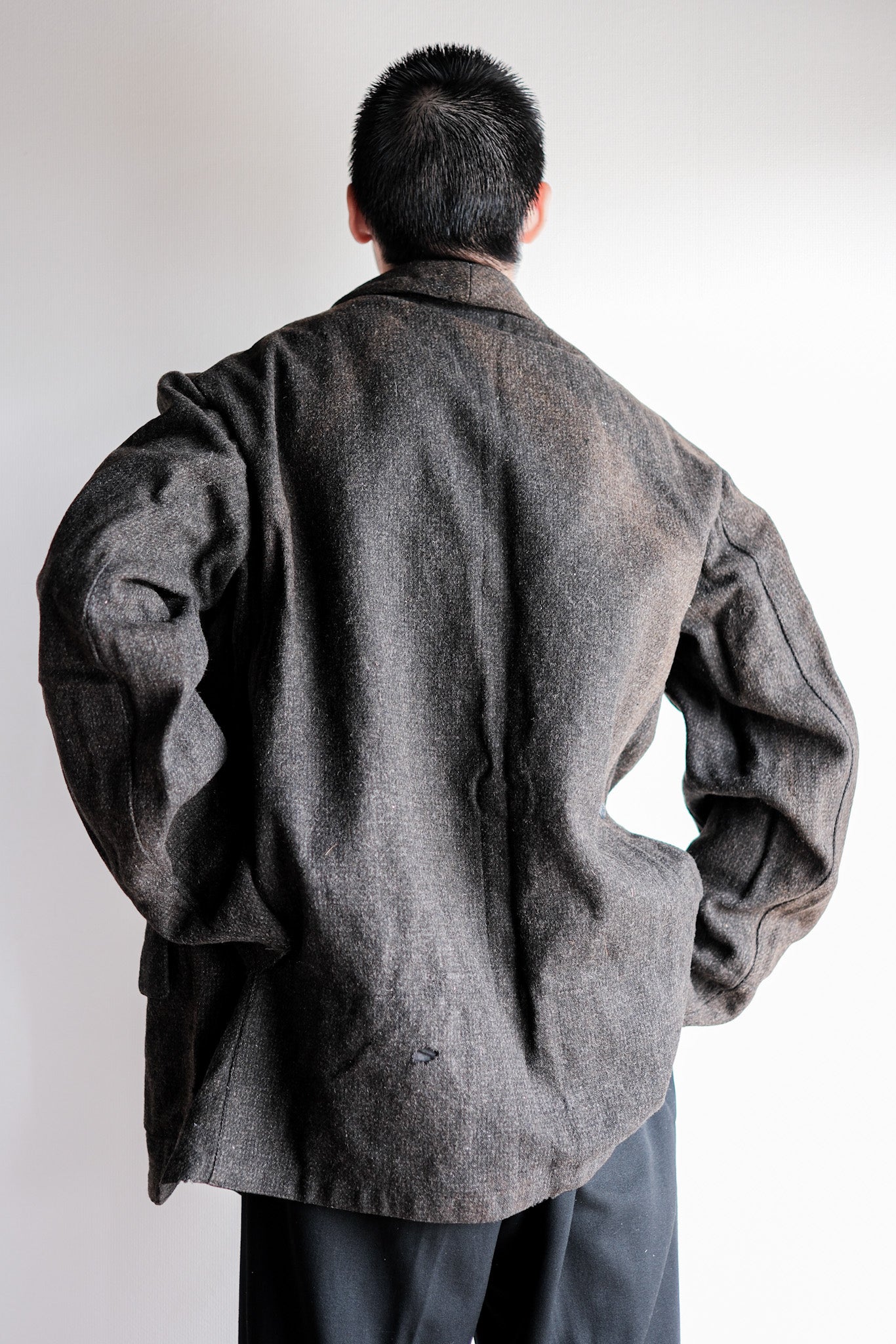 【~30's】French Vintage Gray Wool Hunting Jacket With Chin Strap "Boro"