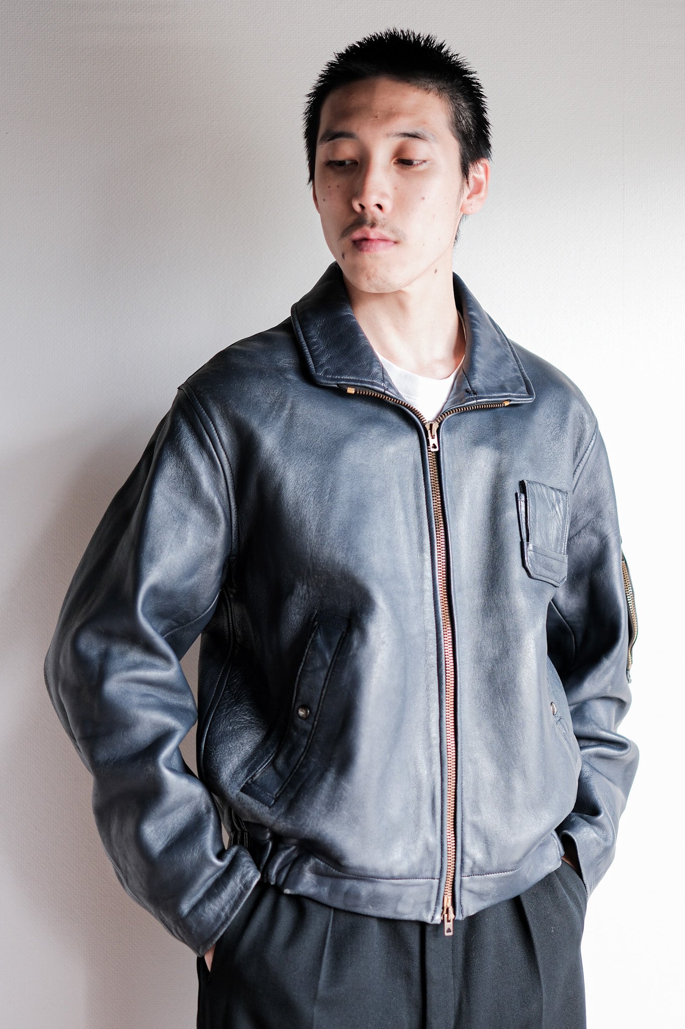 【~70's】French Air Force Pilot Leather Jacket Size.96M