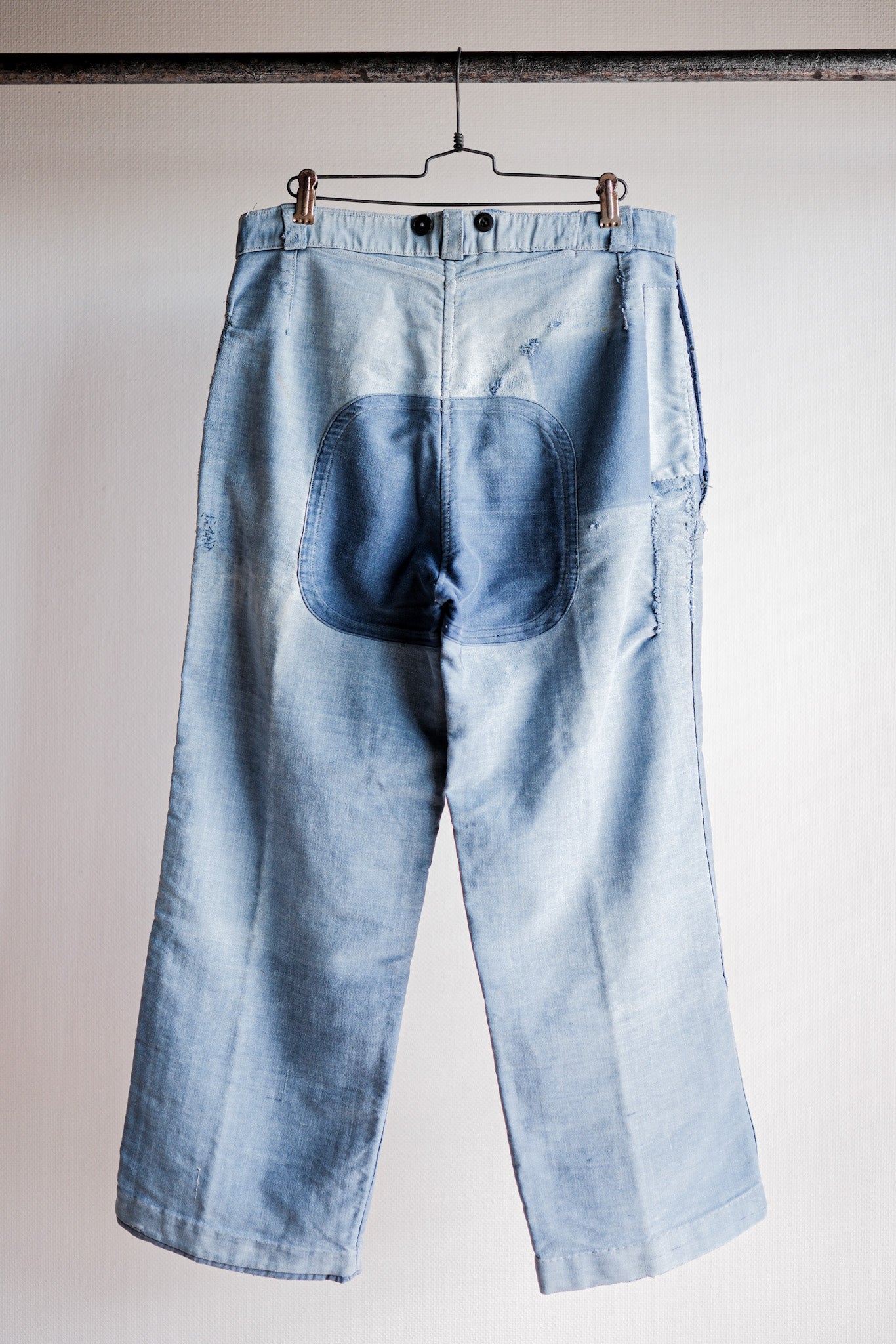 【~40's】French Vintage Blue Moleskin Work Pants "Patchwork" "Le Mont St. Michel"