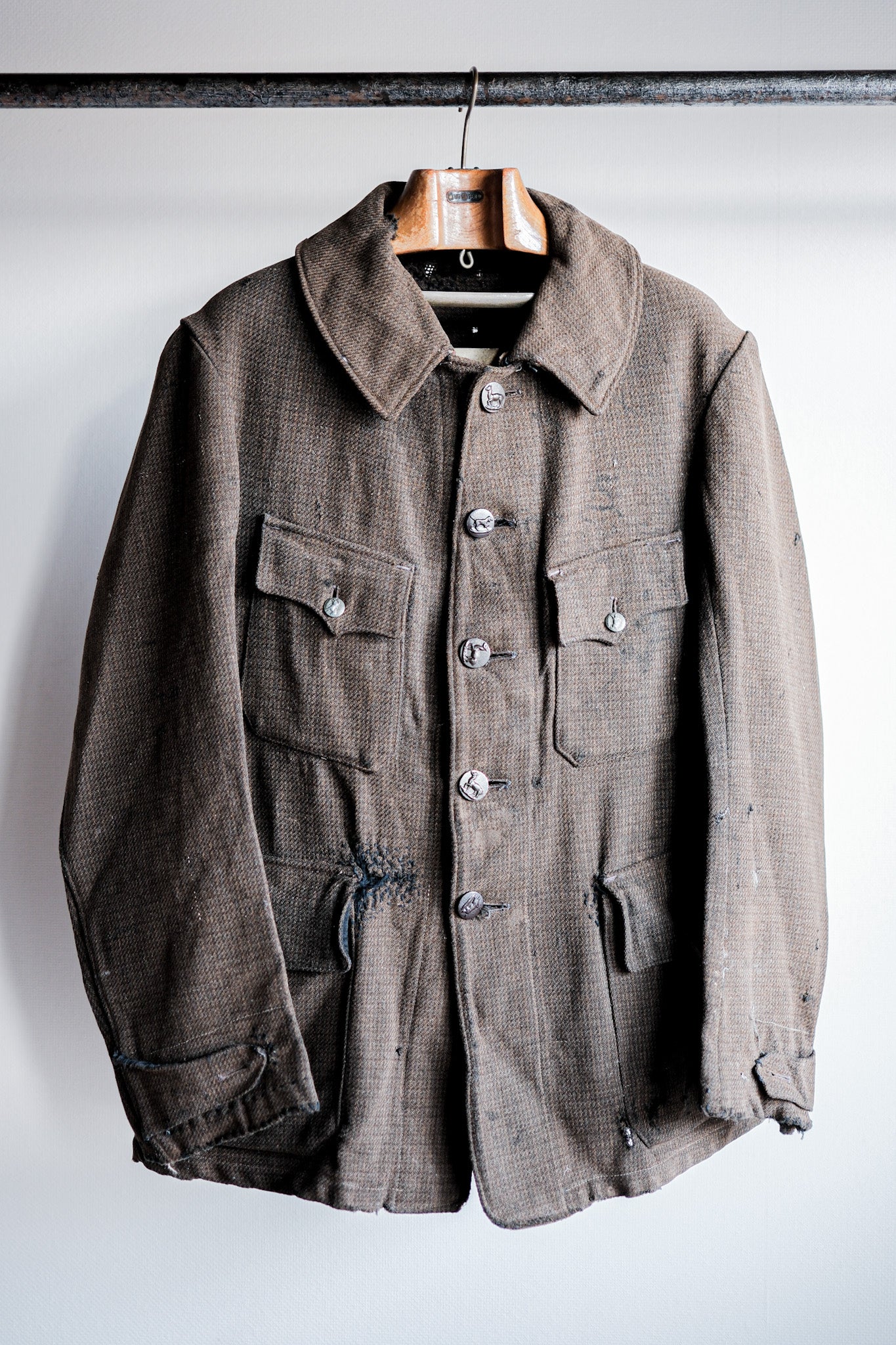 【~30's】French Vintage Brown Wool Hunting Jacket "Boro"