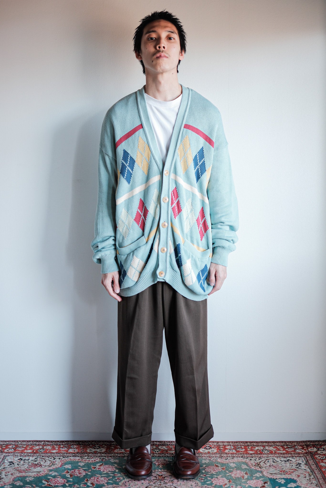 【~90's】Italian Vintage Cotton Argyle Cardigan