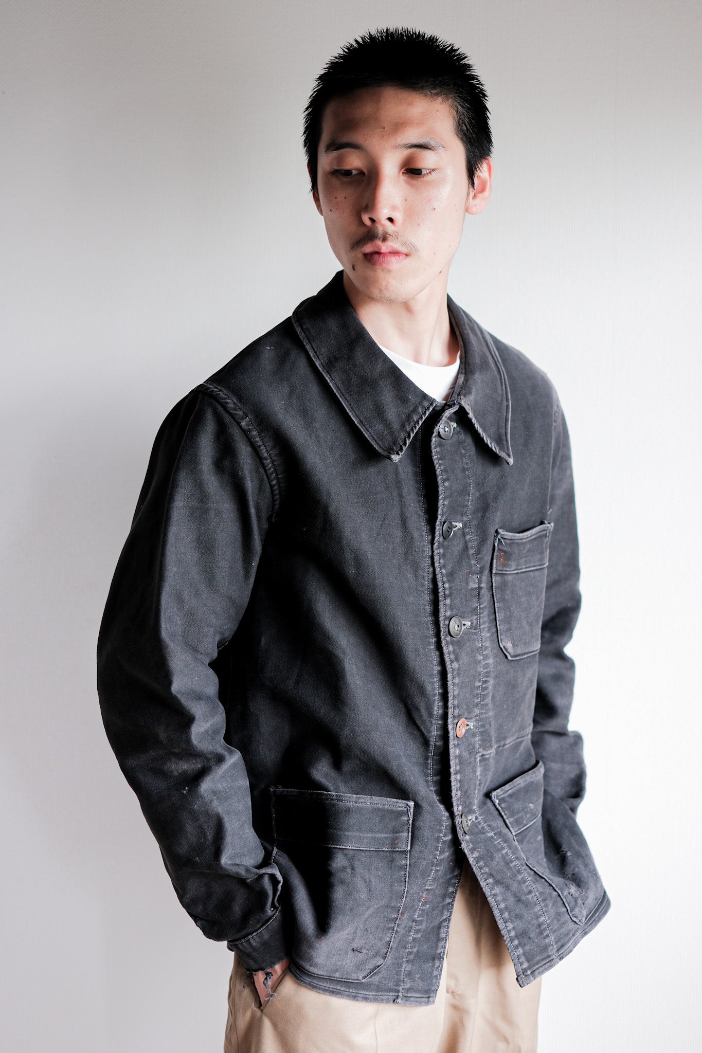 【~40's】French Vintage Black Moleskin Work Jacket "Adolphe Lafont"