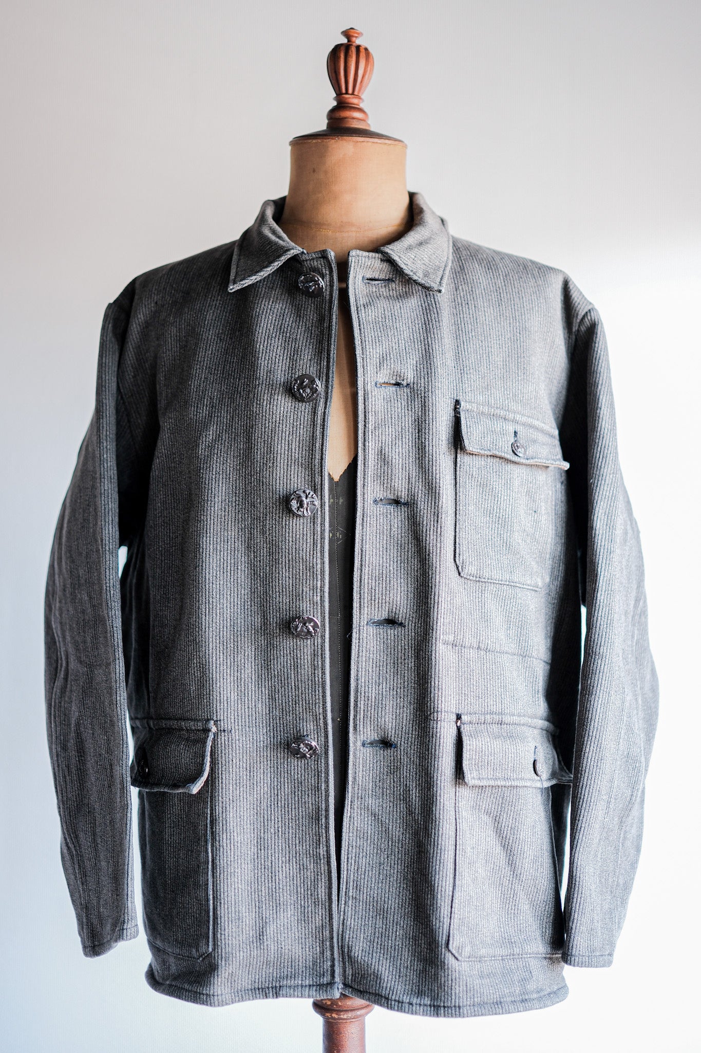 【~60's】French Vintage Brown Gray Salt & Pepper Cotton Pique Hunting Jacket "Le Mont St. Michel"