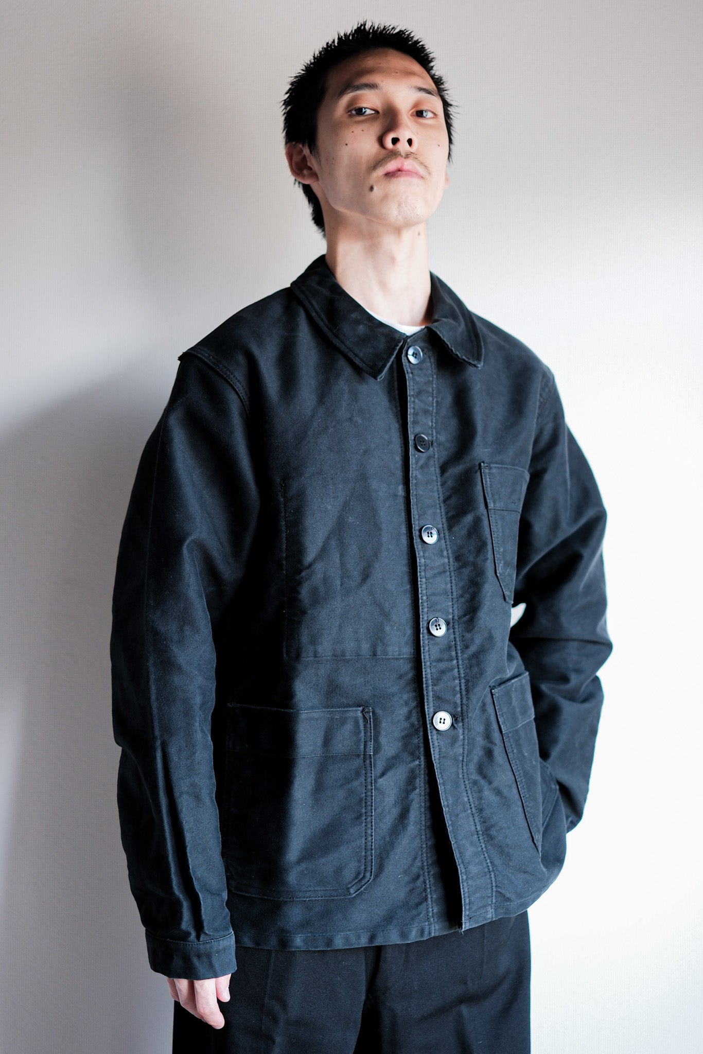 【~60's】French Vintage Black Moleskin Work Jacket "Le Mont St. Michel"