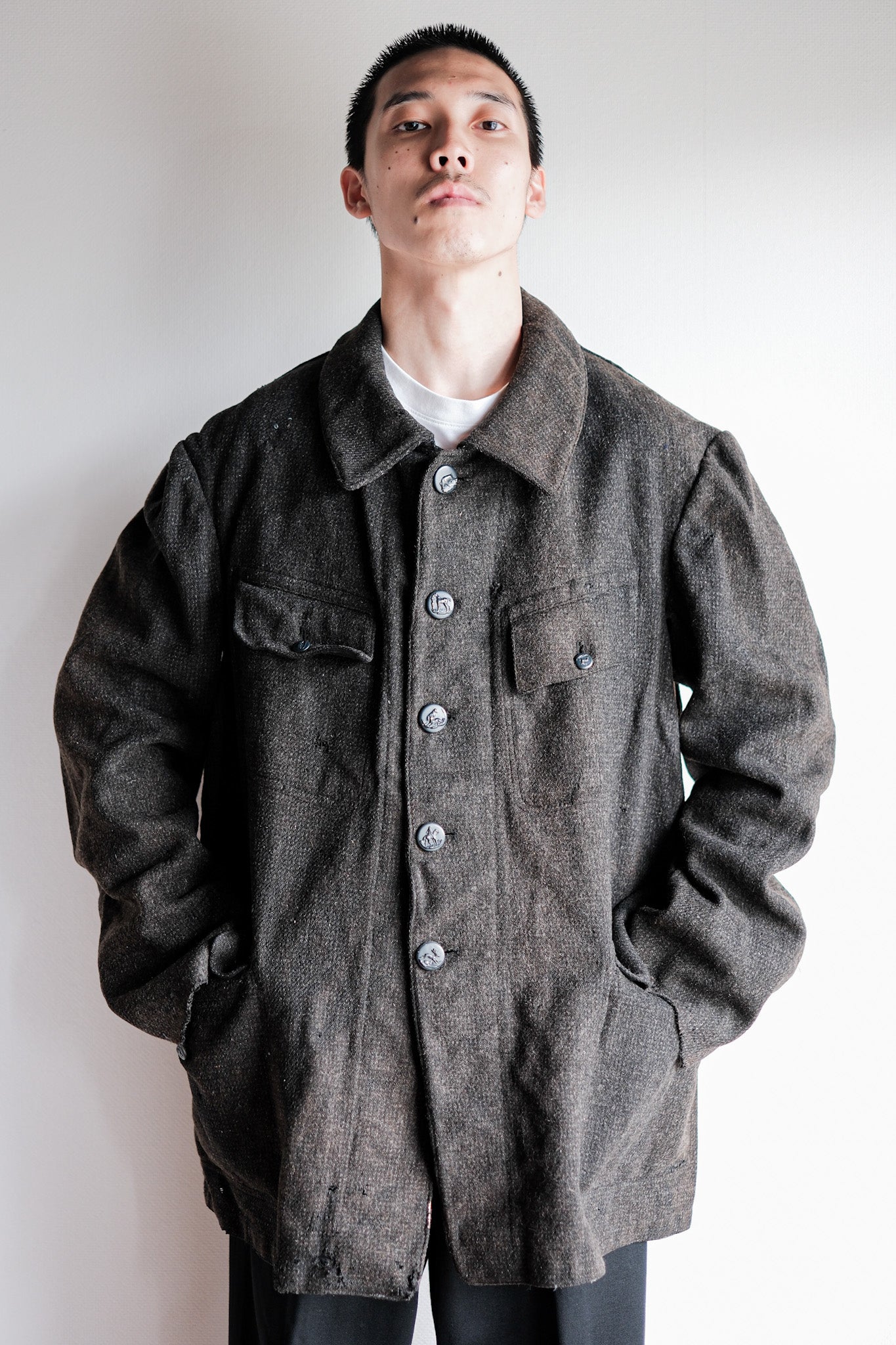 【~30's】French Vintage Gray Wool Hunting Jacket With Chin Strap "Boro"