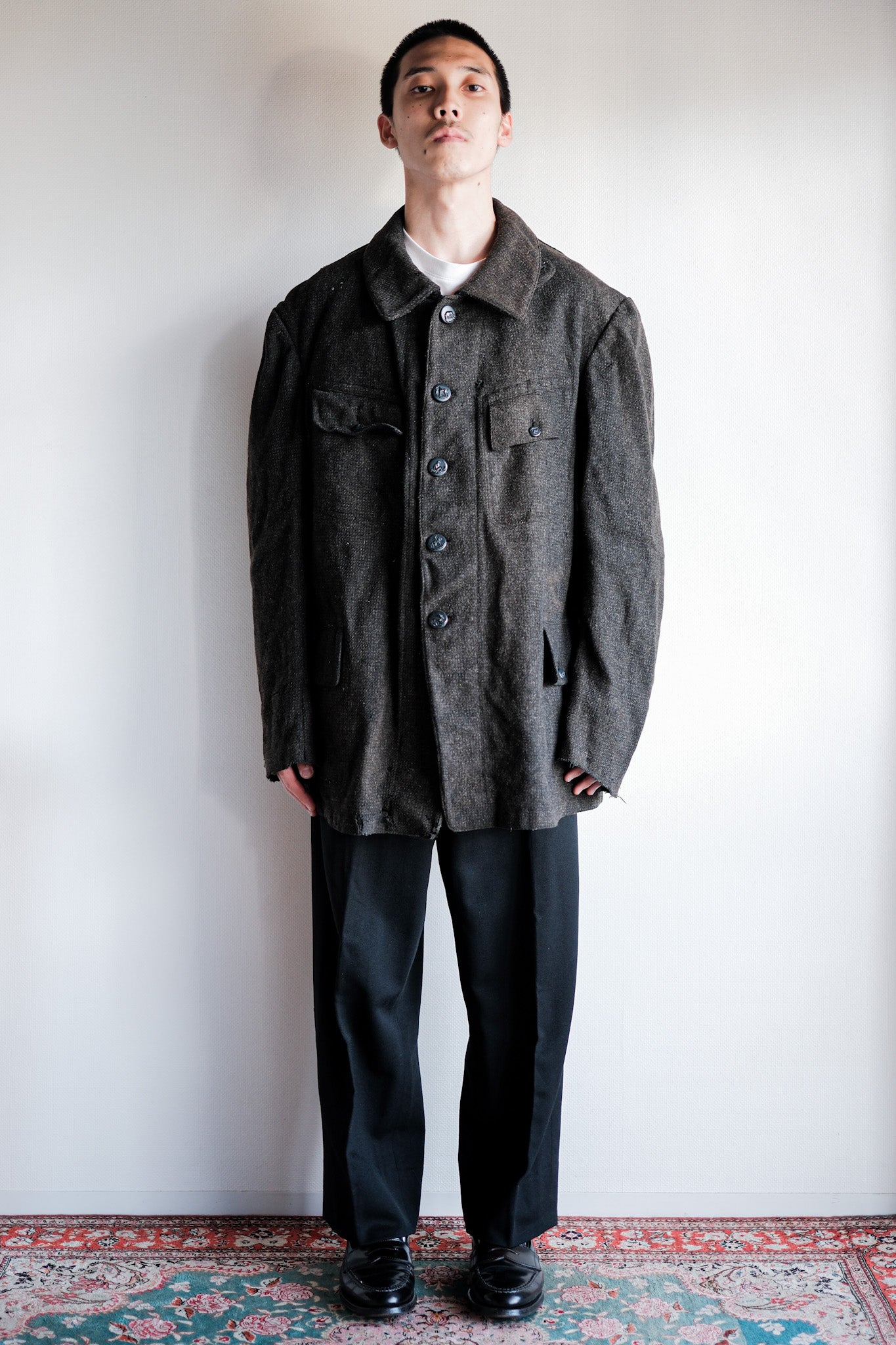 【~30's】French Vintage Gray Wool Hunting Jacket With Chin Strap "Boro"