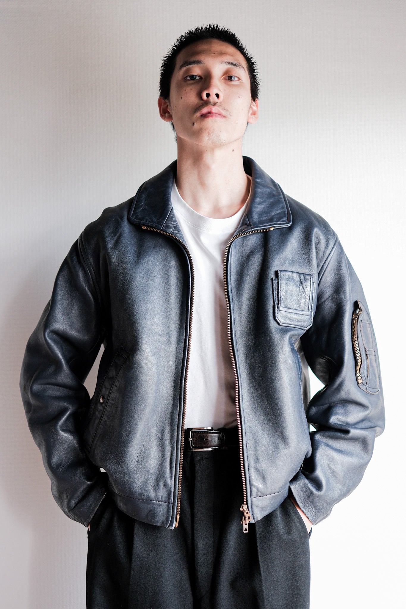 【~70's】French Air Force Pilot Leather Jacket Size.96M