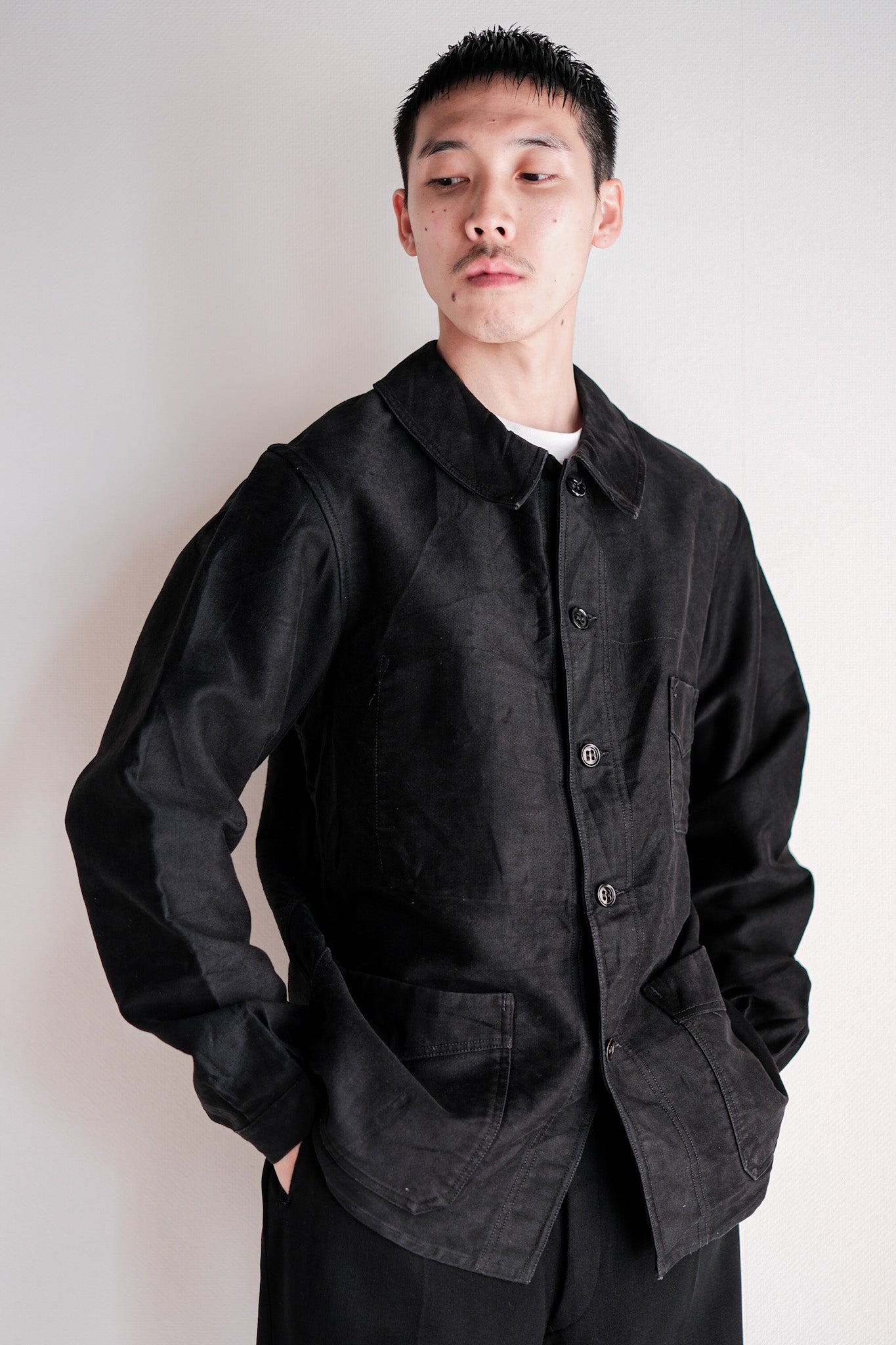 【~30's】French Vintage Black Moleskin Work Jacket "Le Mont St. Michel"