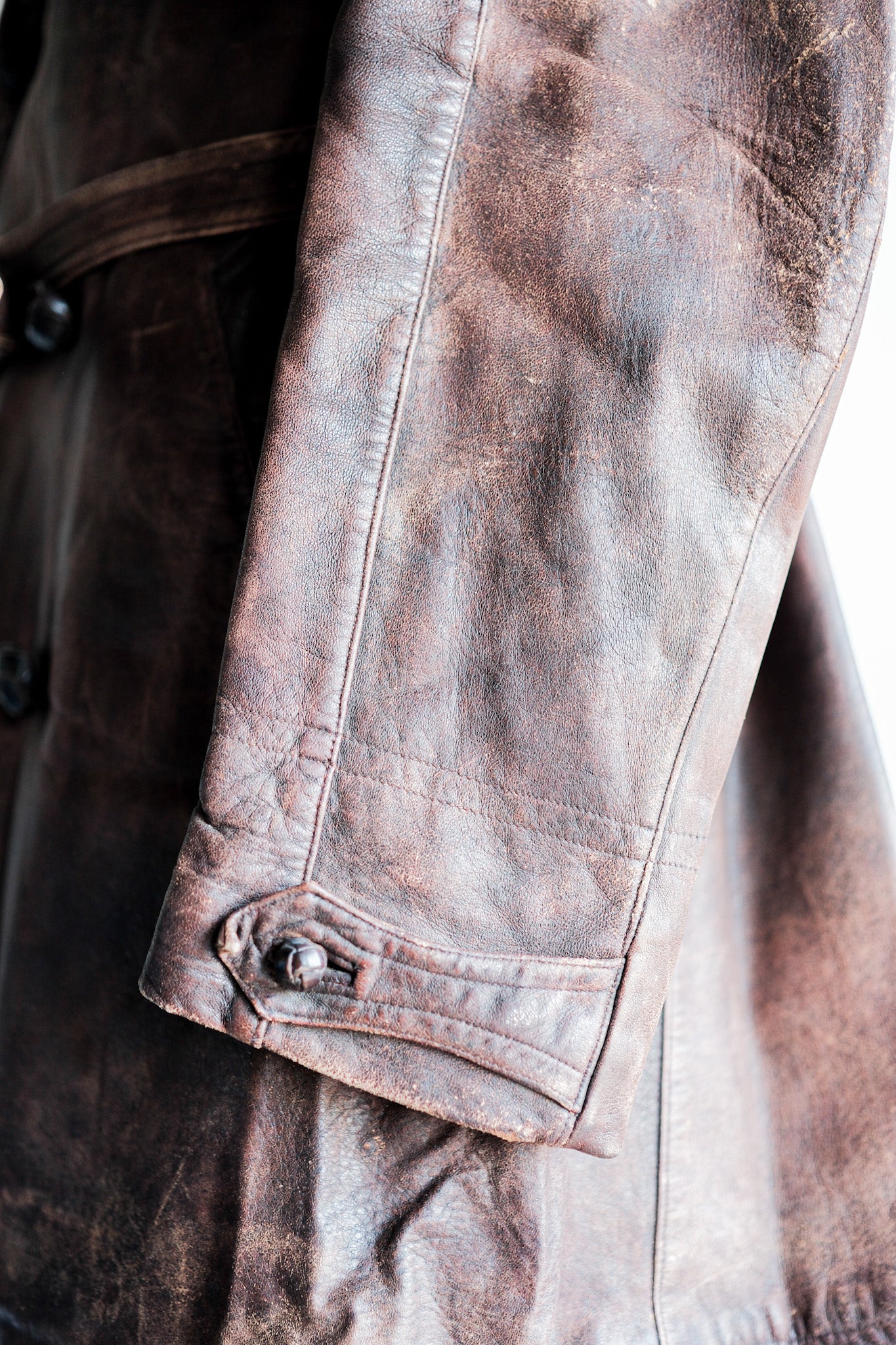 【~40's】French Vintage Double Breasted Brown Leather Coat With Chin Strap